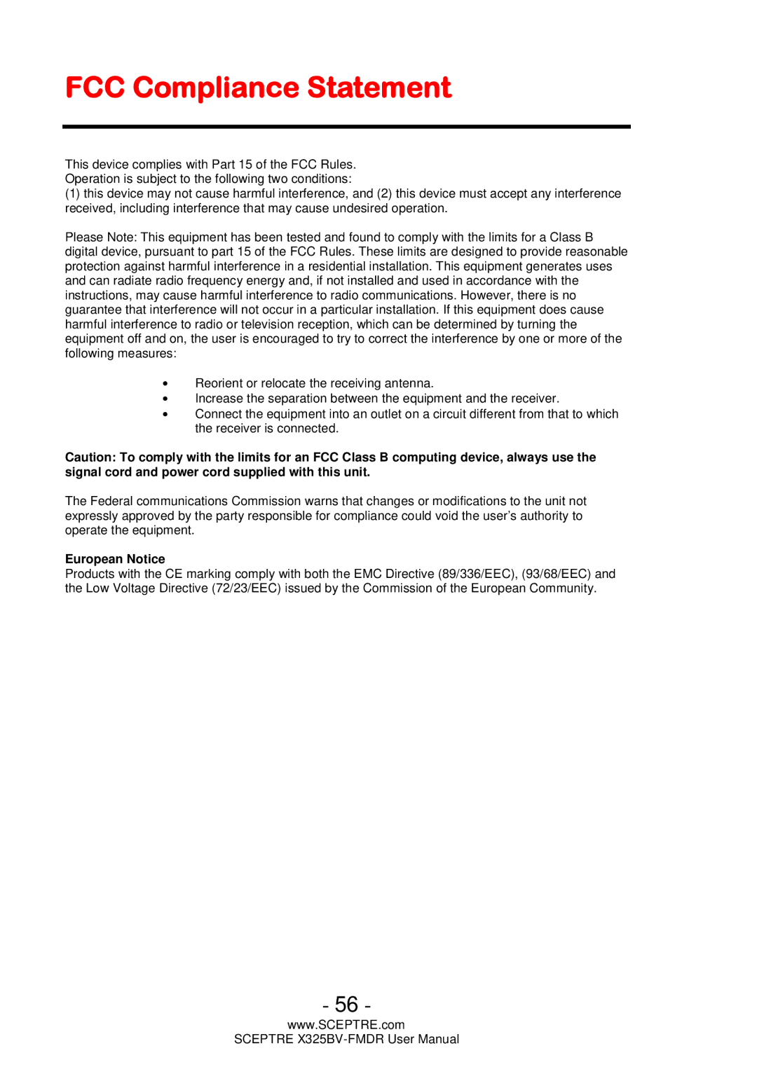 Sceptre Technologies X325BV-FMDR user manual FCC Compliance Statement, European Notice 