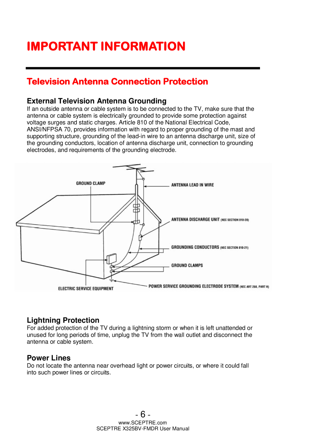 Sceptre Technologies X325BV-FMDR Television Antenna Connection Protection, External Television Antenna Grounding 