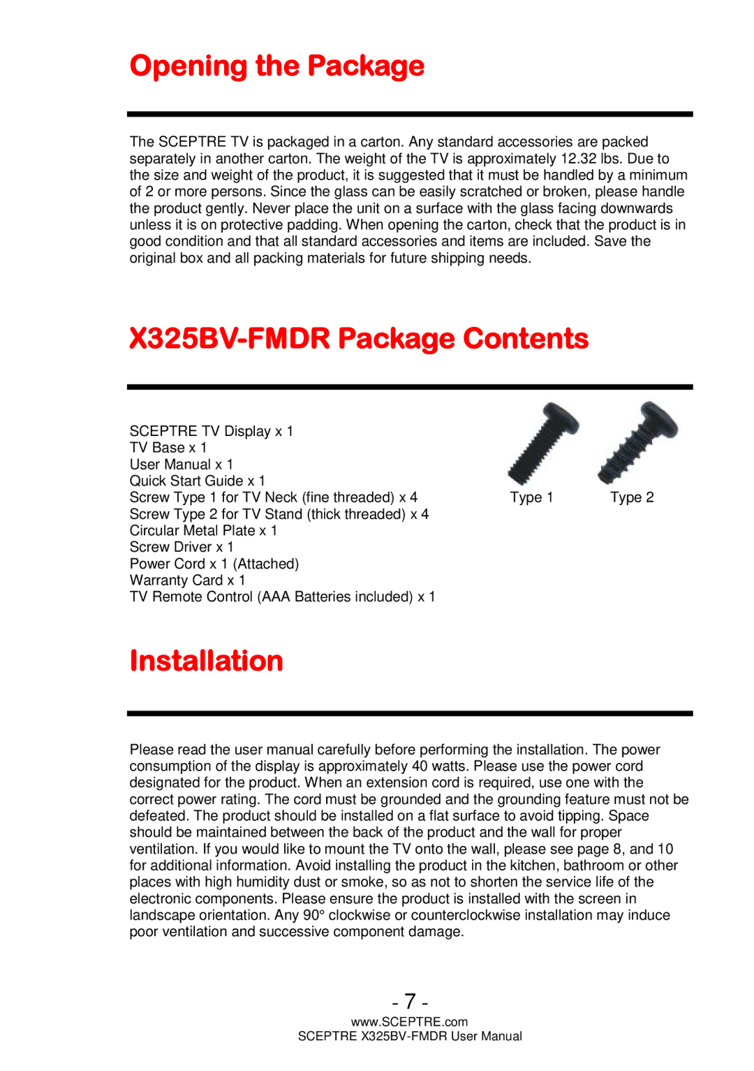 Sceptre Technologies user manual Opening the Package, X325BV-FMDR Package Contents, Installation 