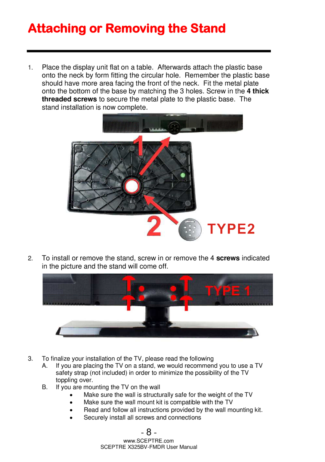 Sceptre Technologies X325BV-FMDR user manual Attaching or Removing the Stand 