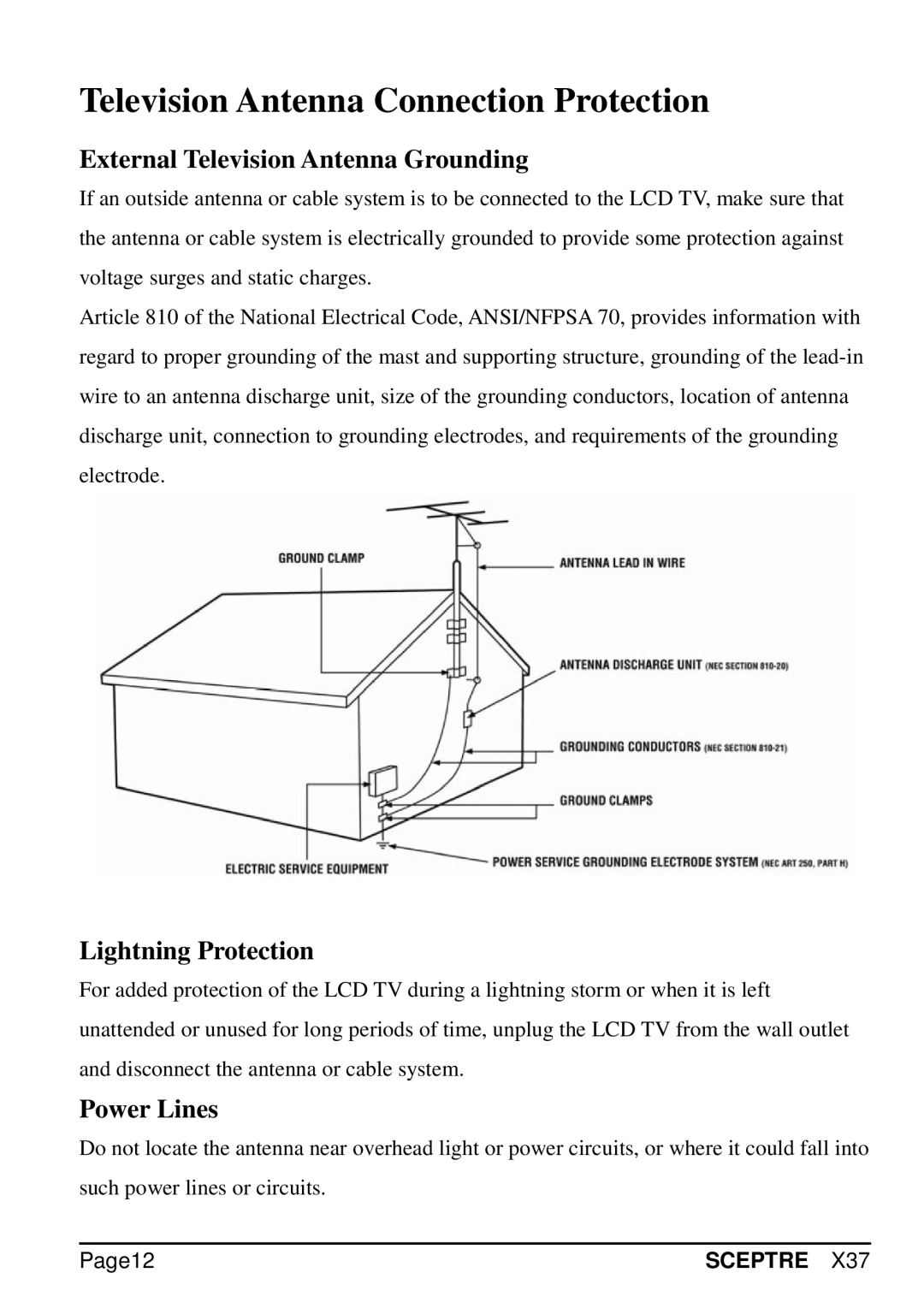 Sceptre Technologies X37 Television Antenna Connection Protection, External Television Antenna Grounding, Power Lines 