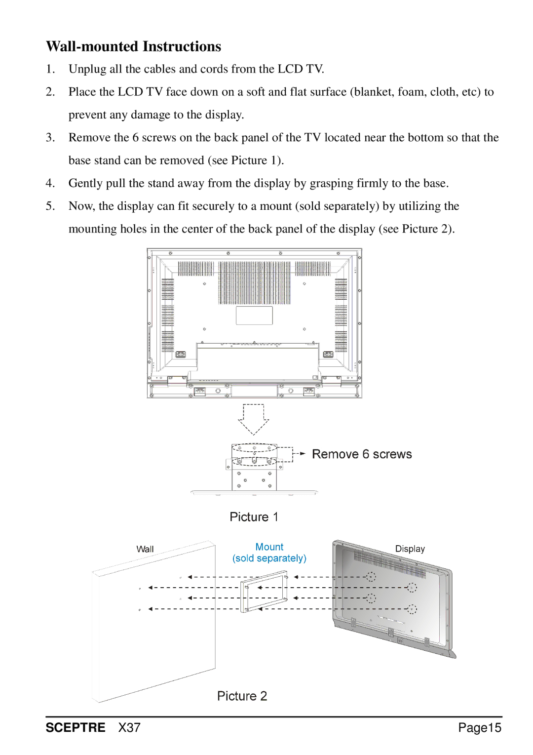 Sceptre Technologies X37 specifications Wall-mounted Instructions, Page15 