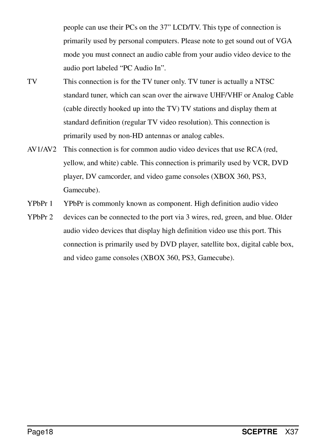 Sceptre Technologies X37 specifications AV1/AV2, Page18 