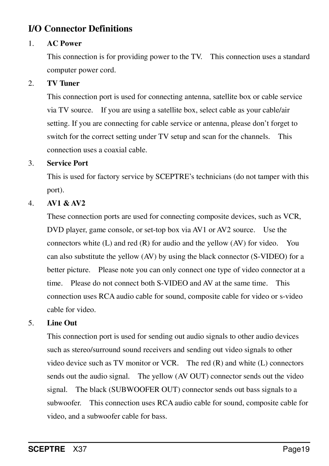 Sceptre Technologies X37 specifications Connector Definitions 