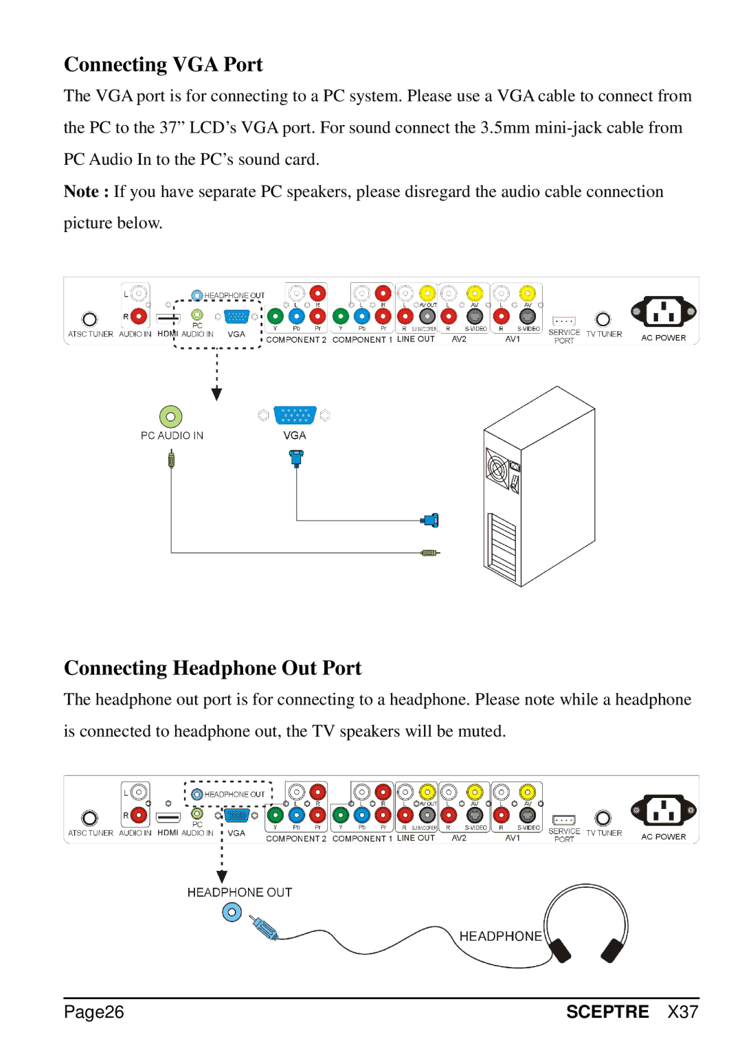 Sceptre Technologies X37 specifications Connecting VGA Port, Connecting Headphone Out Port, Page26 