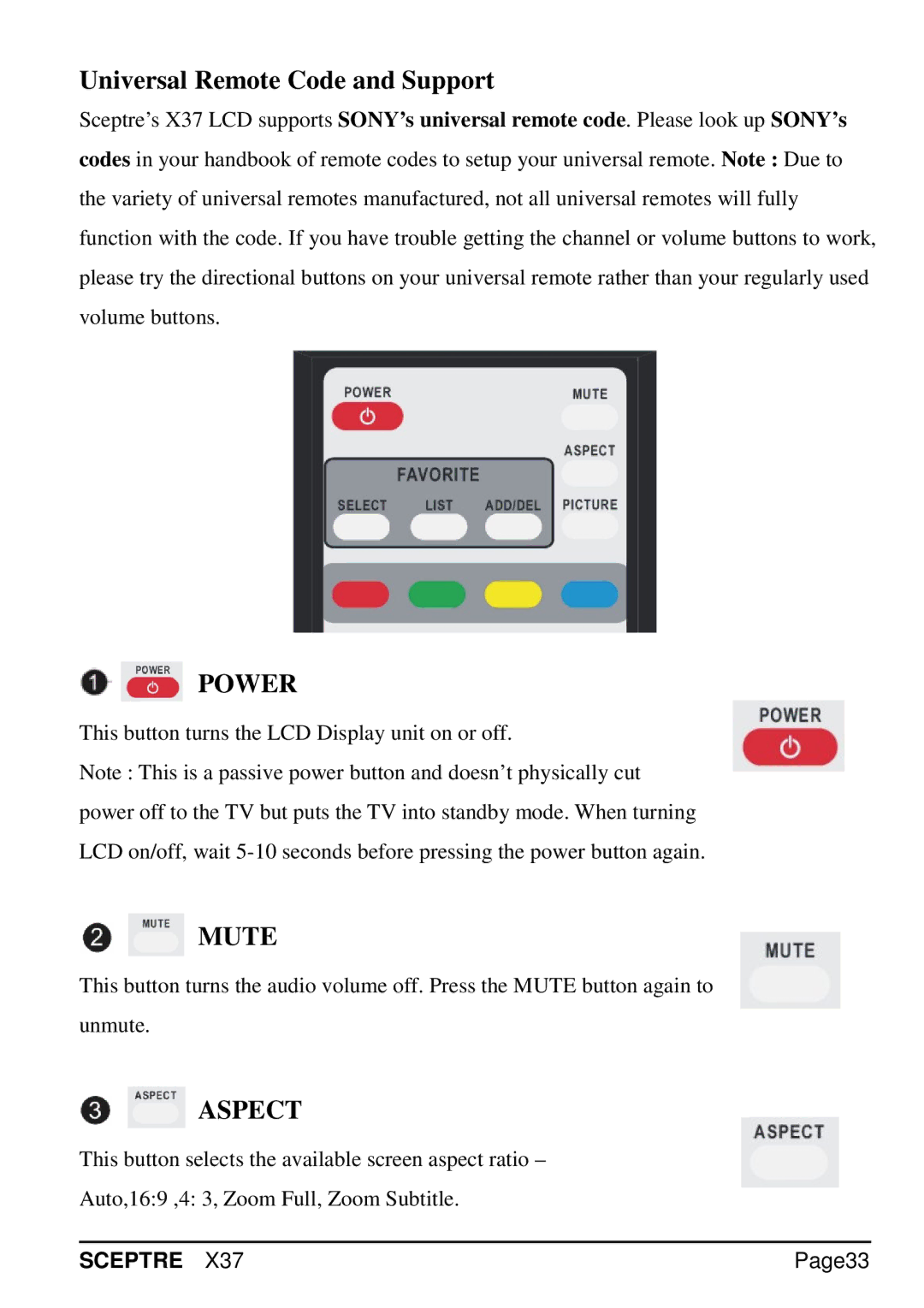 Sceptre Technologies X37 specifications Universal Remote Code and Support, Page33 