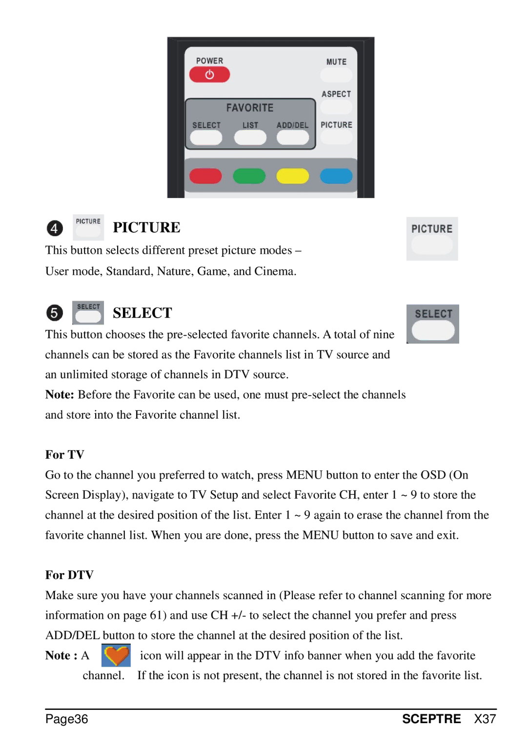 Sceptre Technologies X37 specifications For TV, For DTV, Page36 