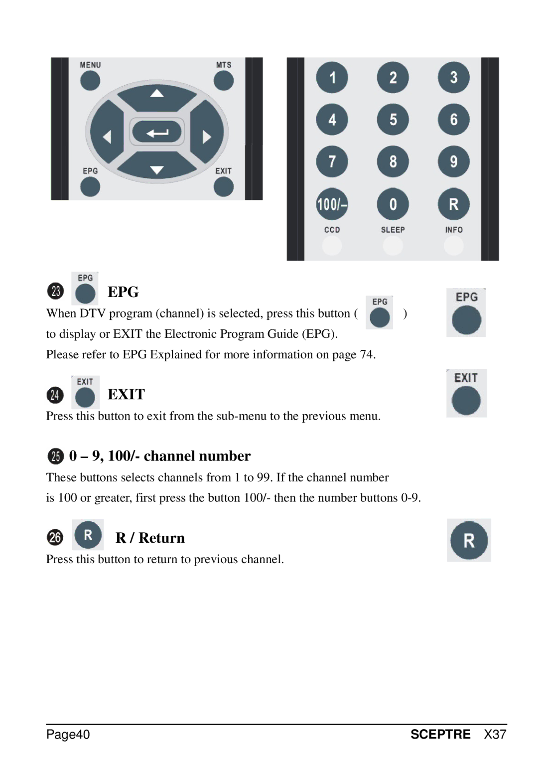 Sceptre Technologies X37 specifications 100/- channel number, Return, Page40 