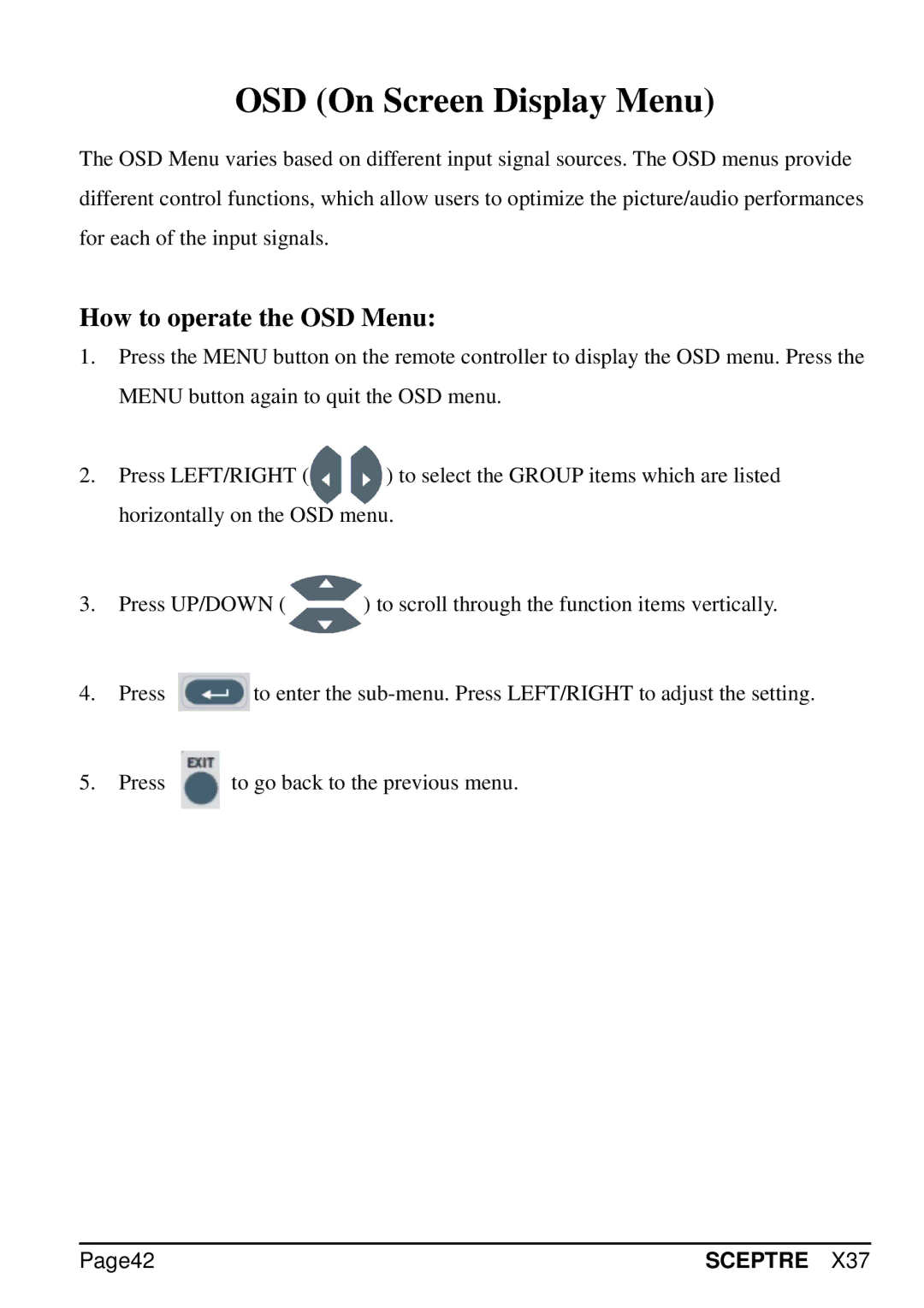 Sceptre Technologies X37 specifications OSD On Screen Display Menu, How to operate the OSD Menu, Page42 