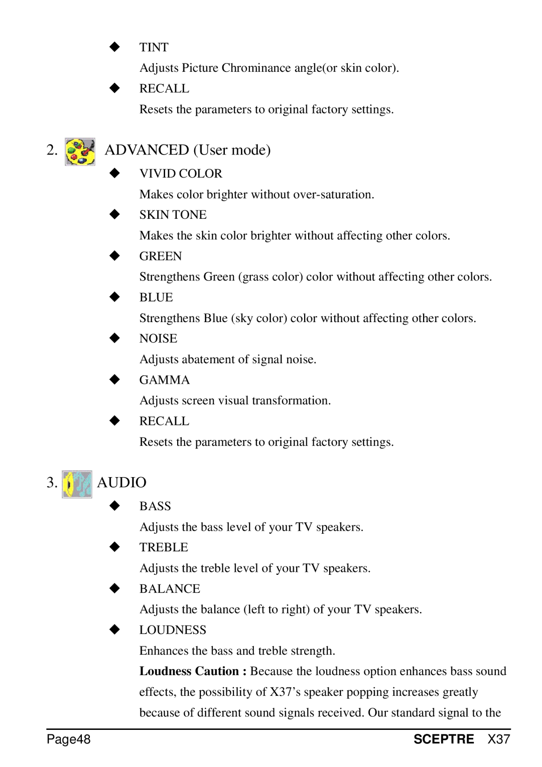 Sceptre Technologies X37 specifications Audio, Page48 