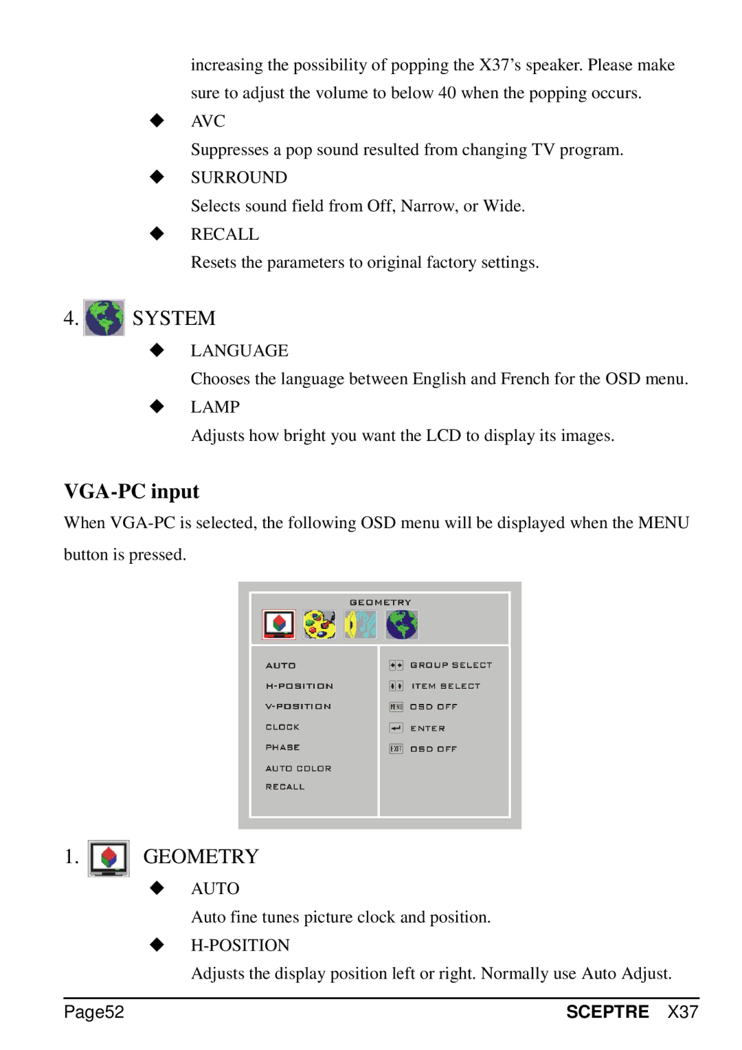 Sceptre Technologies X37 specifications VGA-PC input, Auto, Position, Page52 