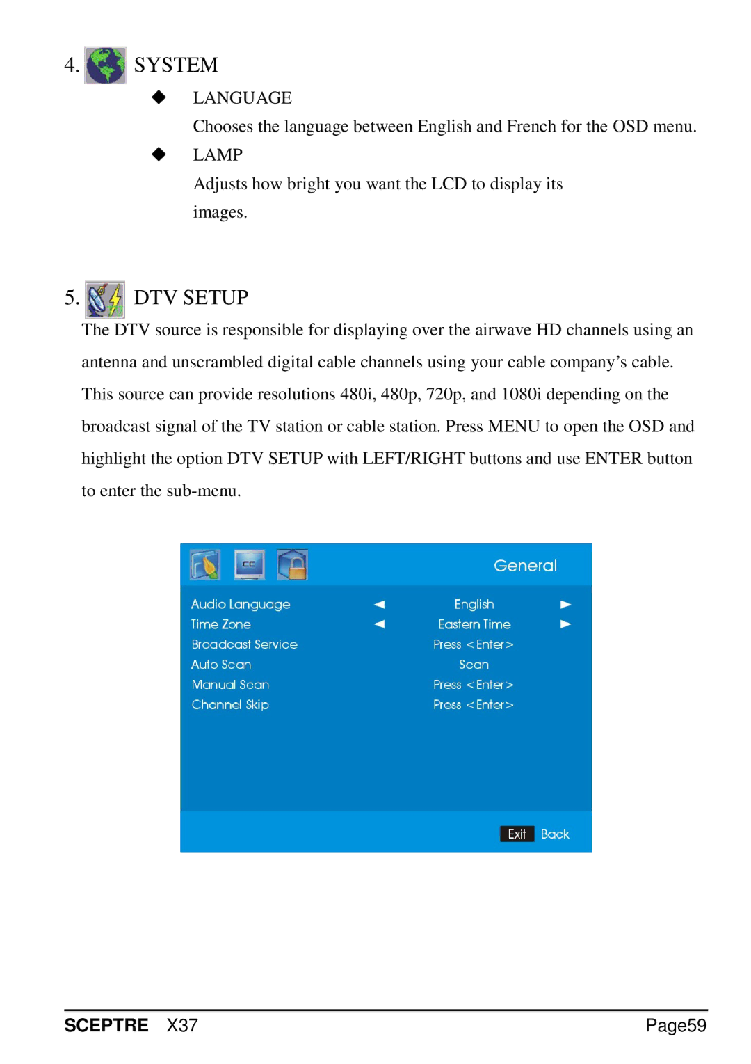 Sceptre Technologies X37 specifications DTV Setup, Page59 