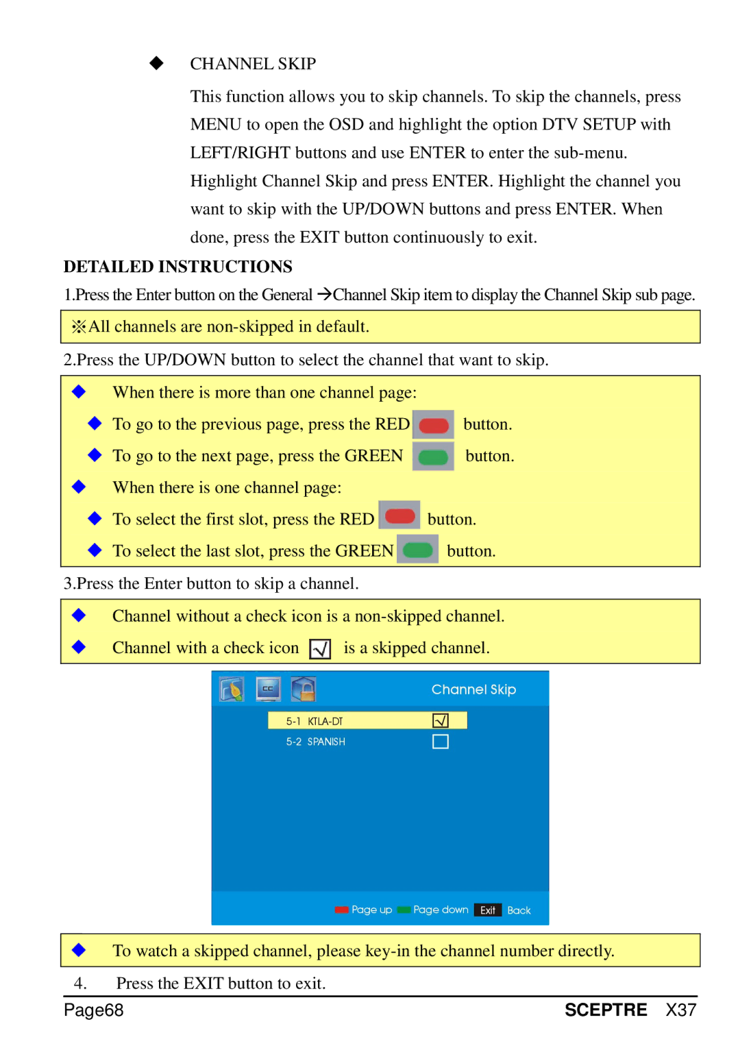 Sceptre Technologies X37 specifications Channel Skip, Page68 