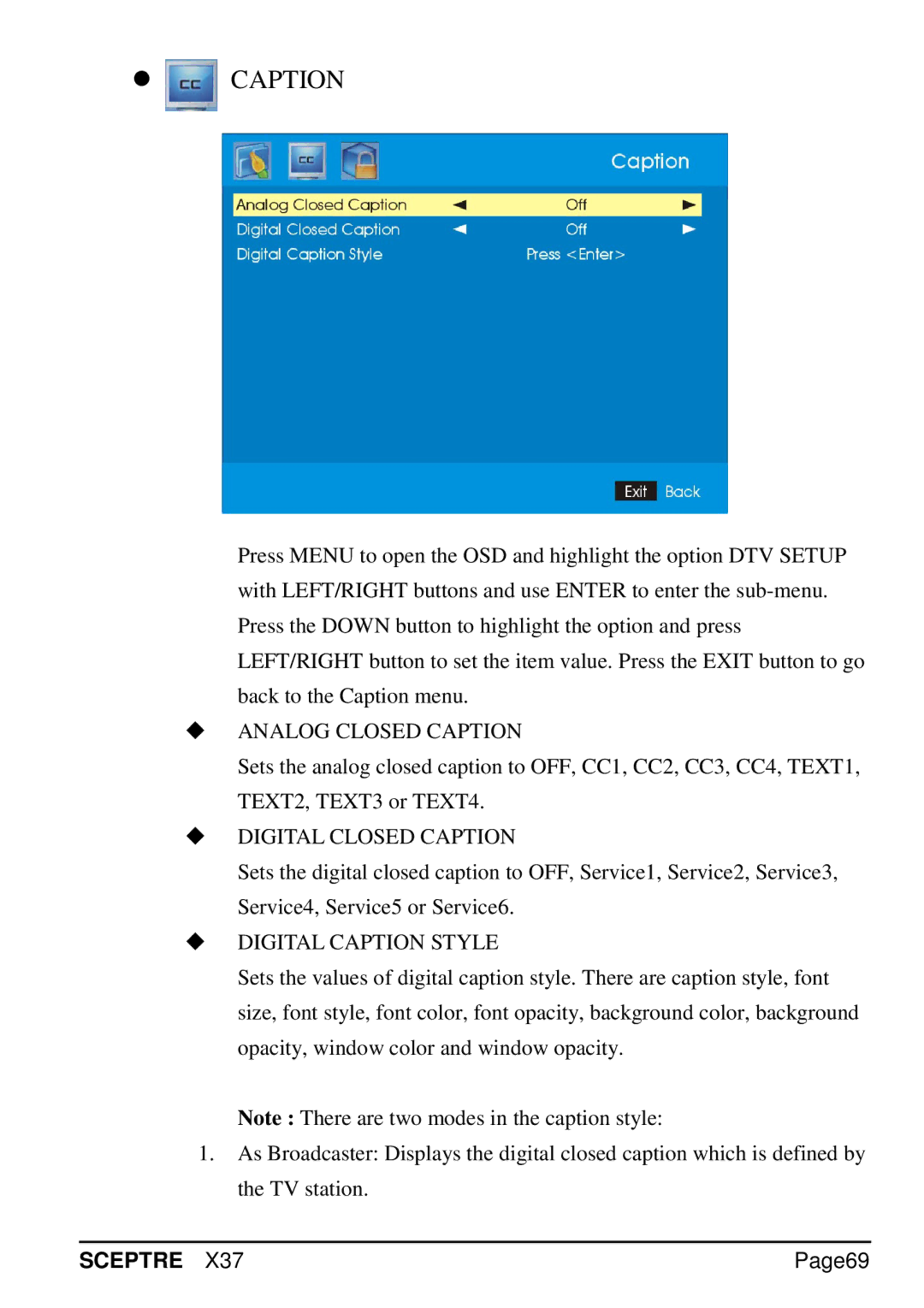 Sceptre Technologies X37 specifications Analog Closed Caption, Digital Closed Caption, Digital Caption Style, Page69 