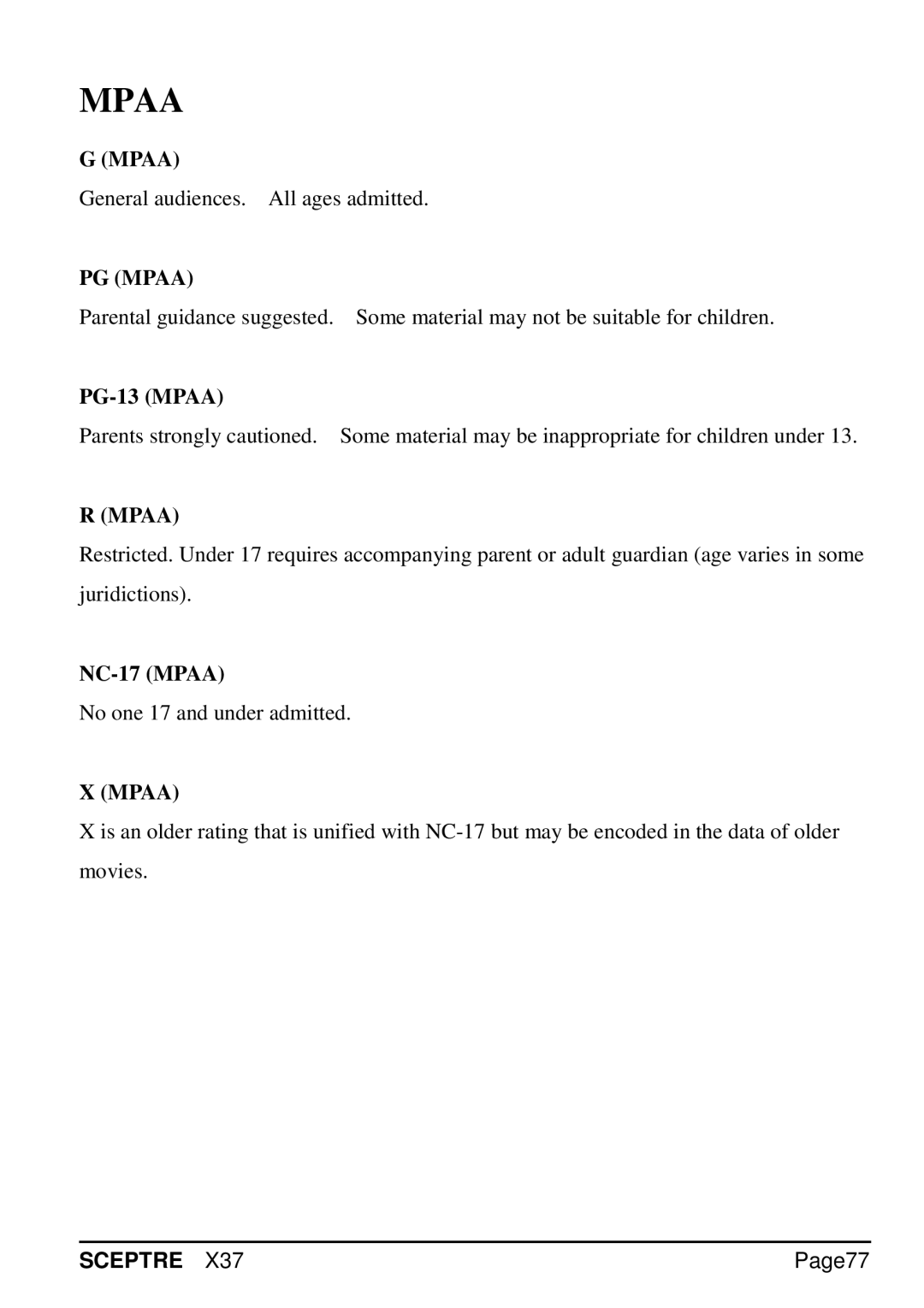 Sceptre Technologies X37 specifications PG-13 Mpaa, NC-17 Mpaa, Page77 