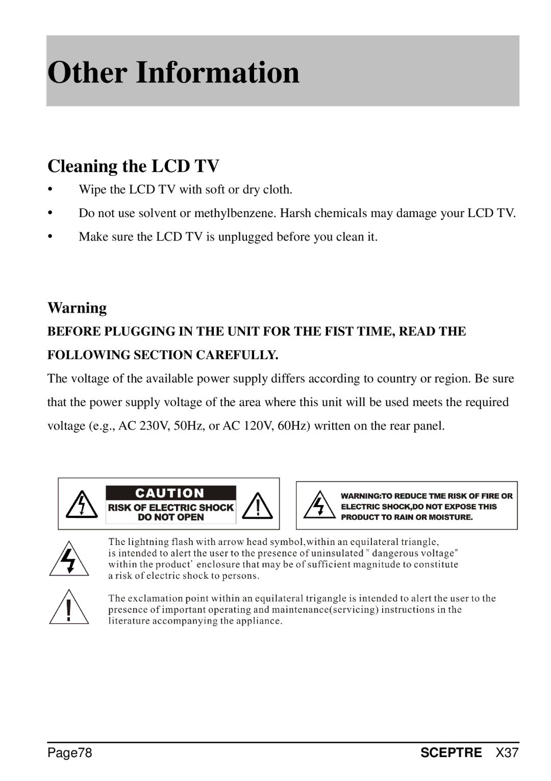 Sceptre Technologies X37 specifications Cleaning the LCD TV, Page78 