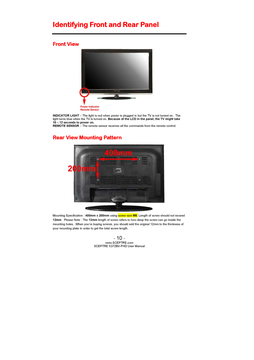 Sceptre Technologies X372BV-FHD user manual Identifying Front and Rear Panel, Front View, Rear View Mounting Pattern 