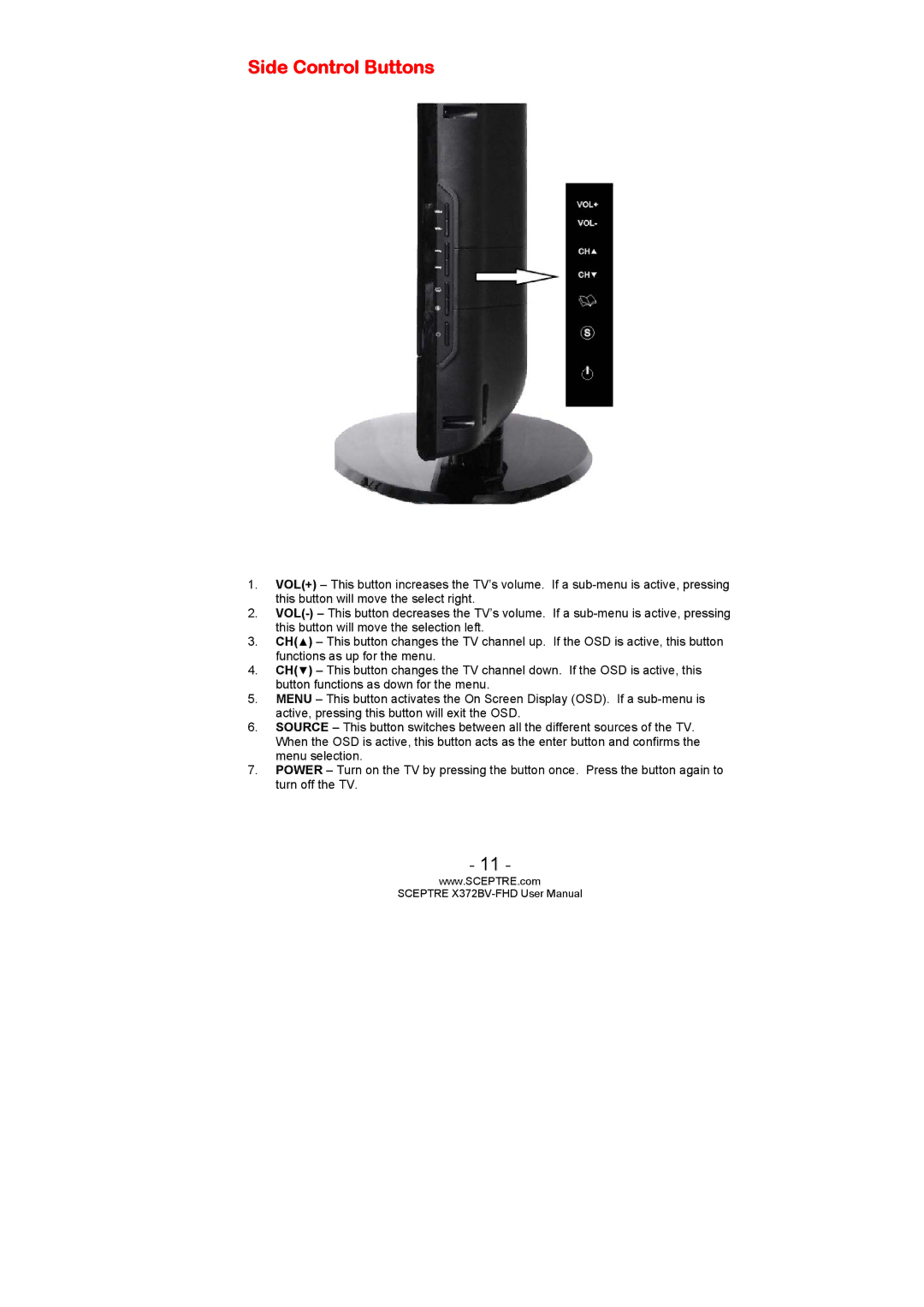 Sceptre Technologies X372BV-FHD user manual Side Control Buttons 