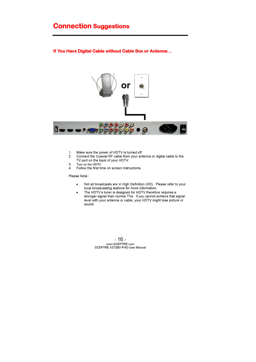 Sceptre Technologies X372BV-FHD user manual Connection Suggestions, If You Have Digital Cable without Cable Box or Antenna… 