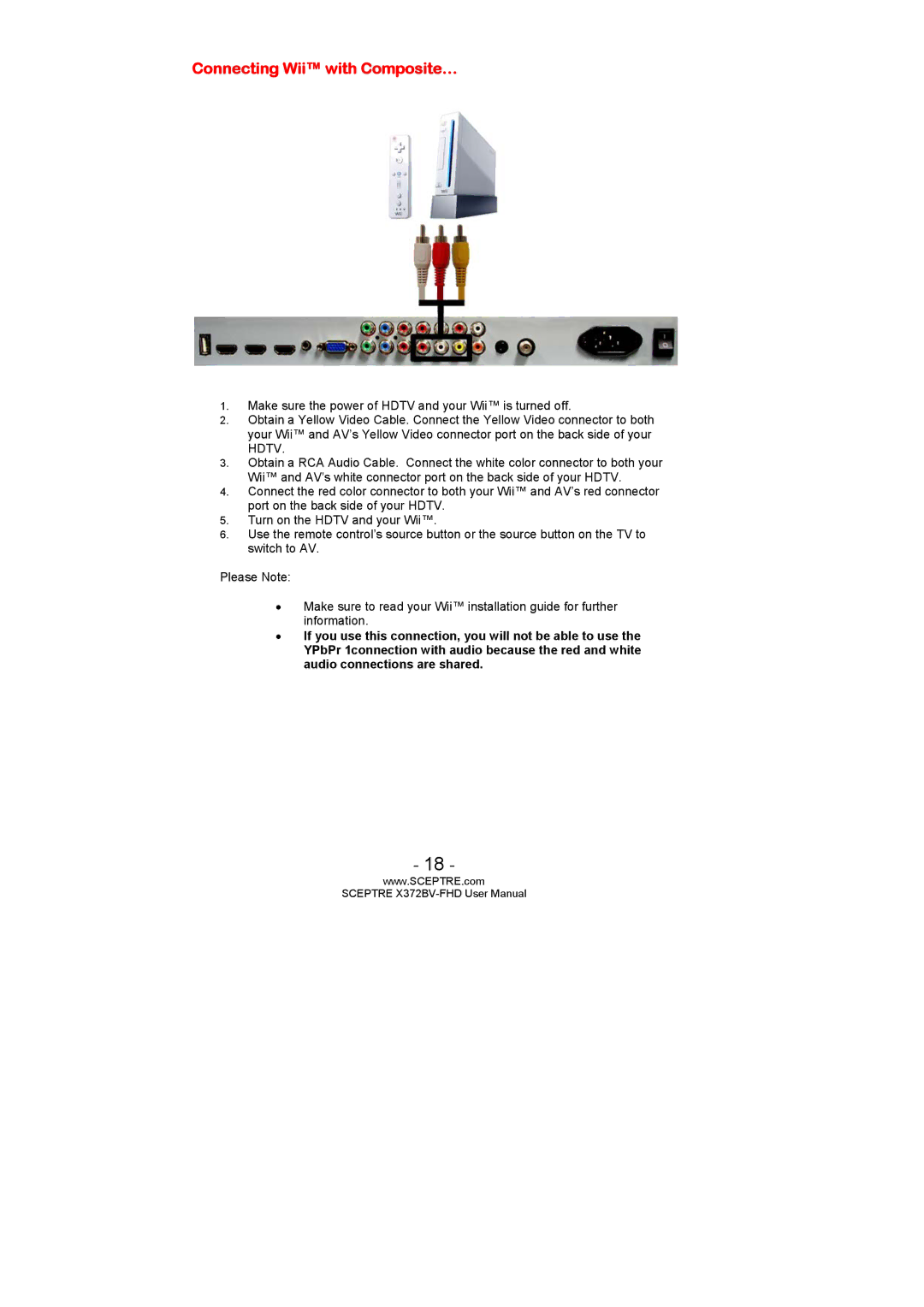 Sceptre Technologies X372BV-FHD user manual Connecting Wii with Composite… 