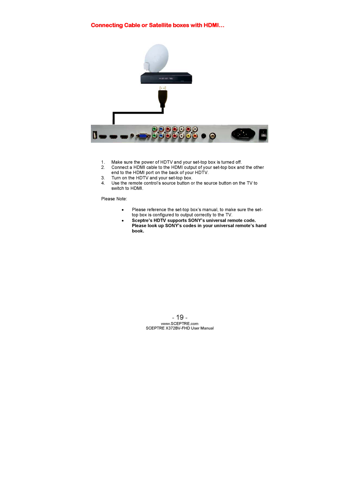 Sceptre Technologies X372BV-FHD user manual Connecting Cable or Satellite boxes with HDMI… 