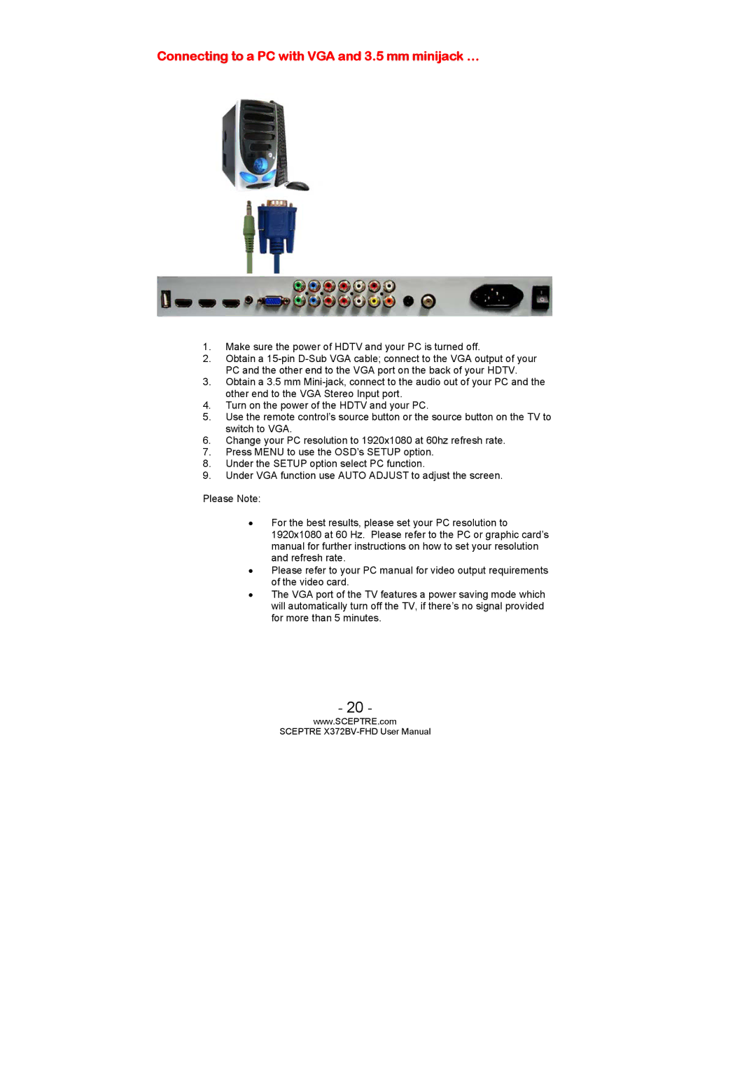 Sceptre Technologies X372BV-FHD user manual Connecting to a PC with VGA and 3.5 mm minijack … 