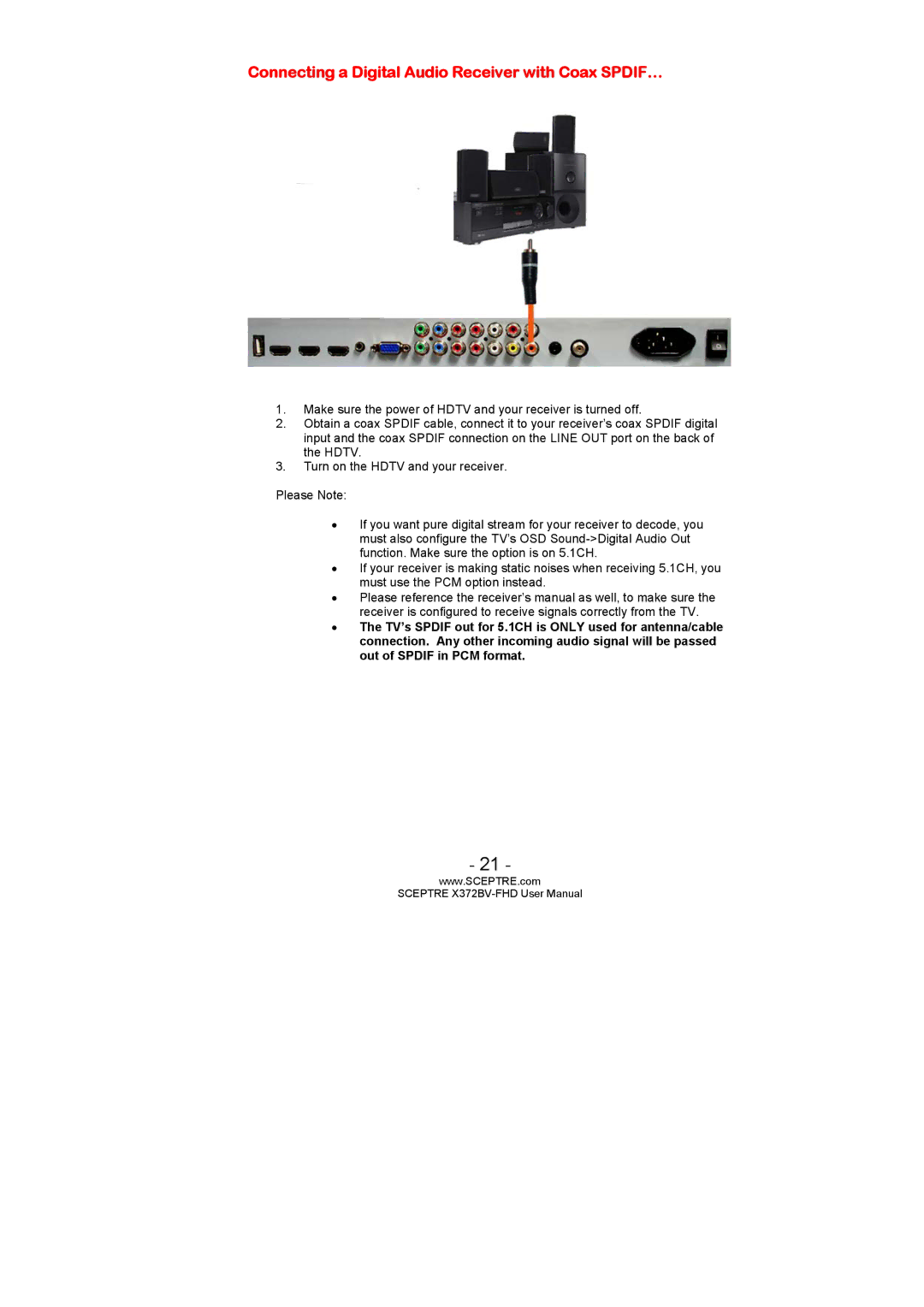 Sceptre Technologies X372BV-FHD user manual Connecting a Digital Audio Receiver with Coax SPDIF… 