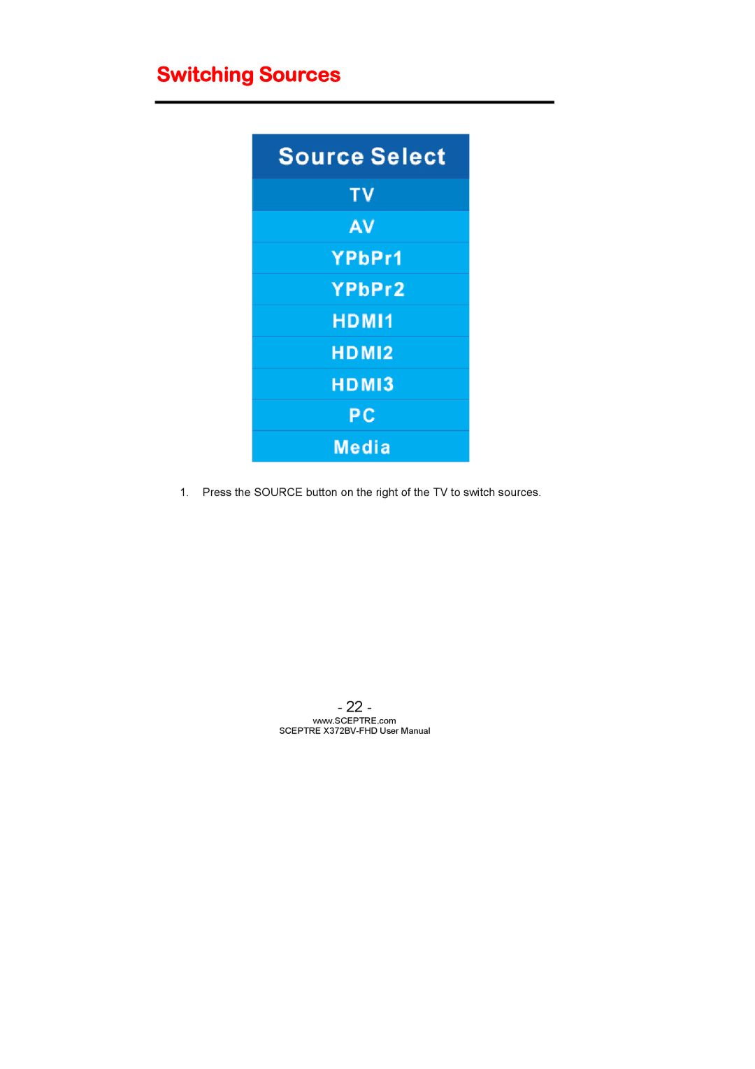 Sceptre Technologies X372BV-FHD user manual Switching Sources 