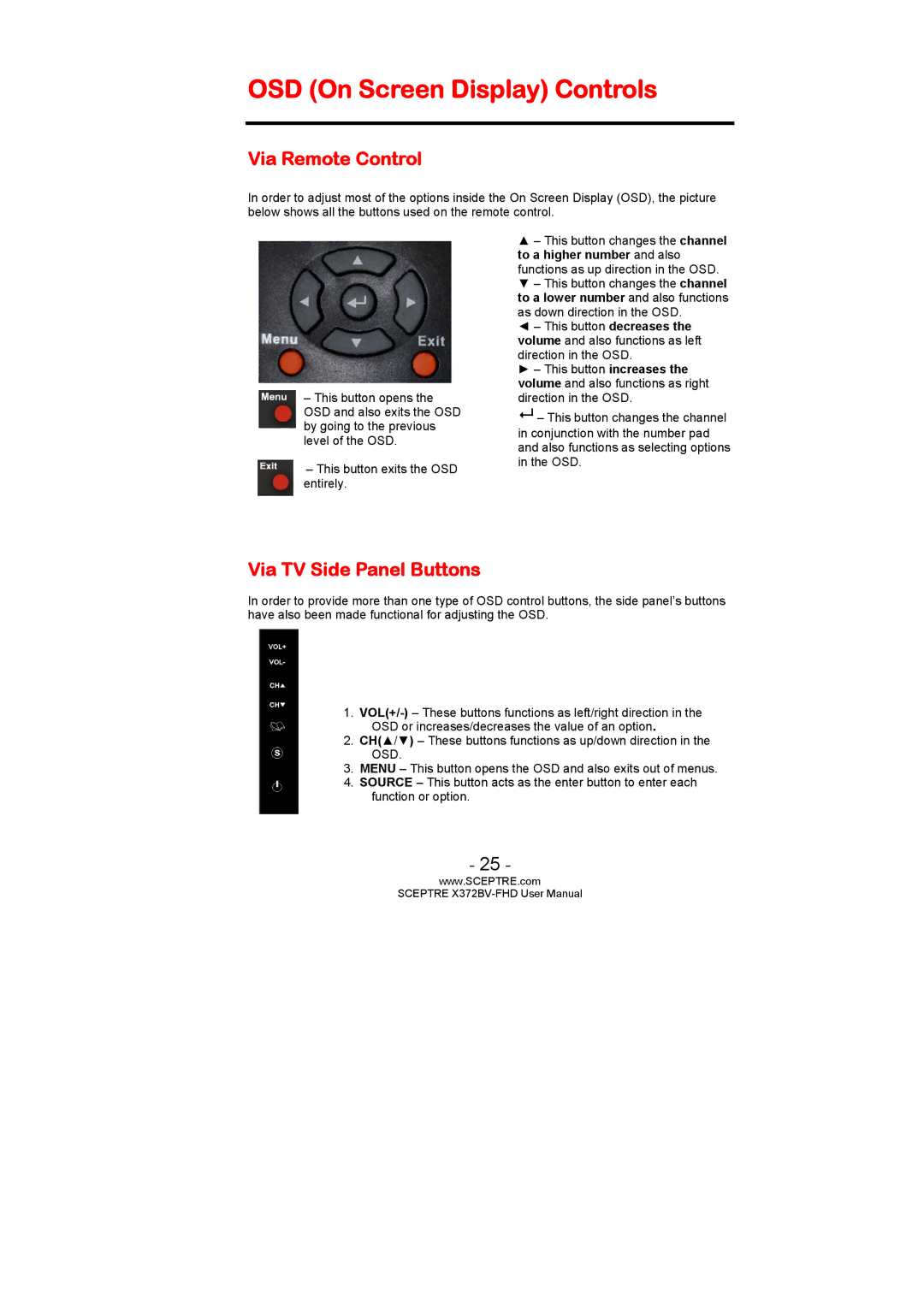 Sceptre Technologies X372BV-FHD user manual OSD On Screen Display Controls, Via Remote Control, Via TV Side Panel Buttons 