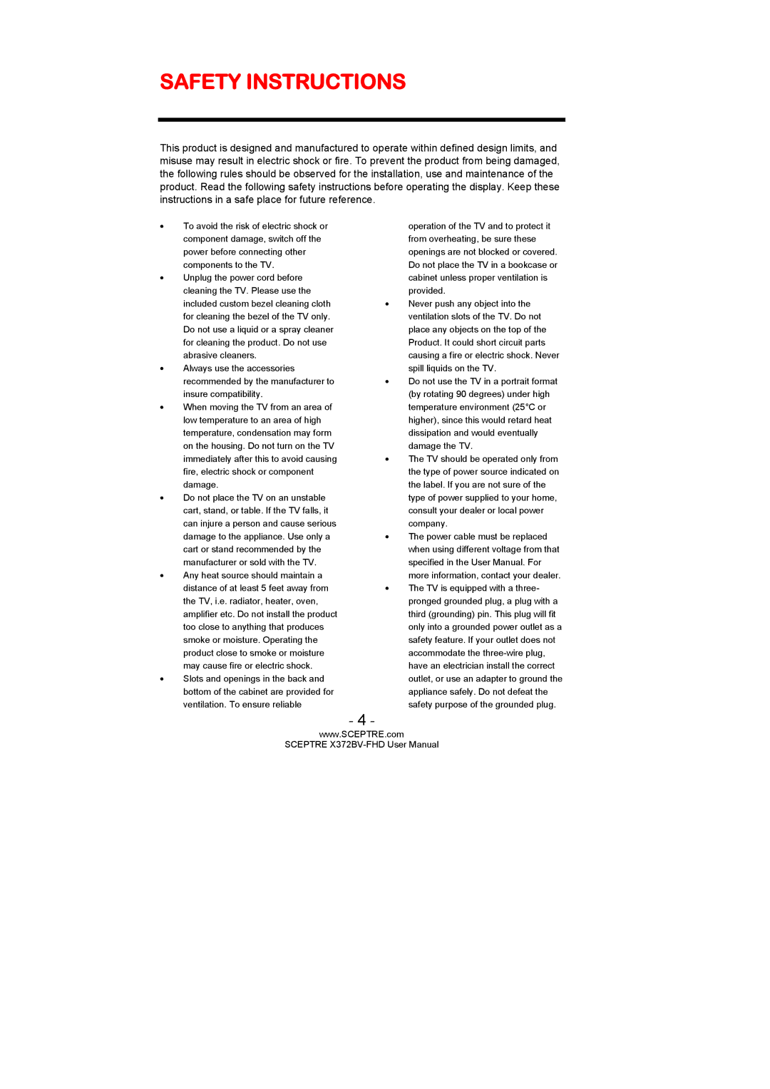 Sceptre Technologies X372BV-FHD user manual Safety Instructions 