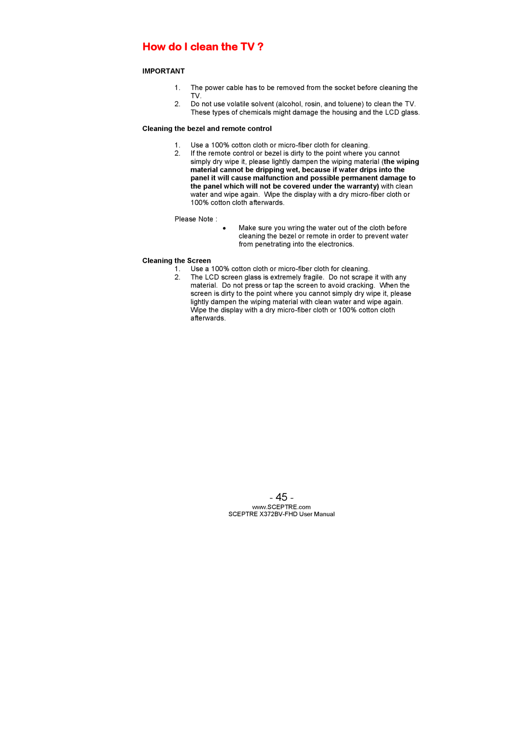 Sceptre Technologies X372BV-FHD user manual How do I clean the TV ?, Cleaning the bezel and remote control 