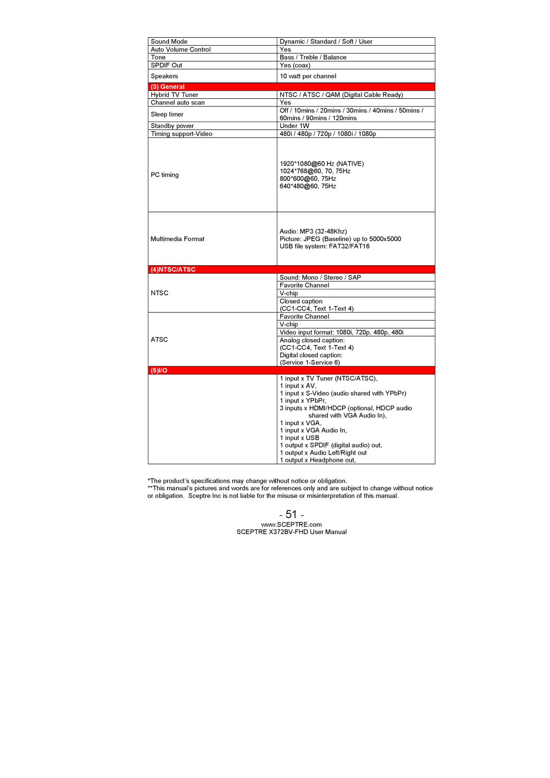 Sceptre Technologies X372BV-FHD user manual 4NTSC/ATSC 