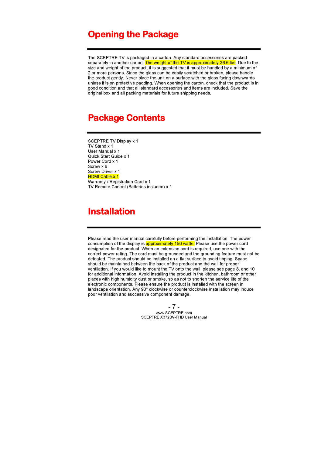 Sceptre Technologies X372BV-FHD user manual Opening the Package, Package Contents, Installation 