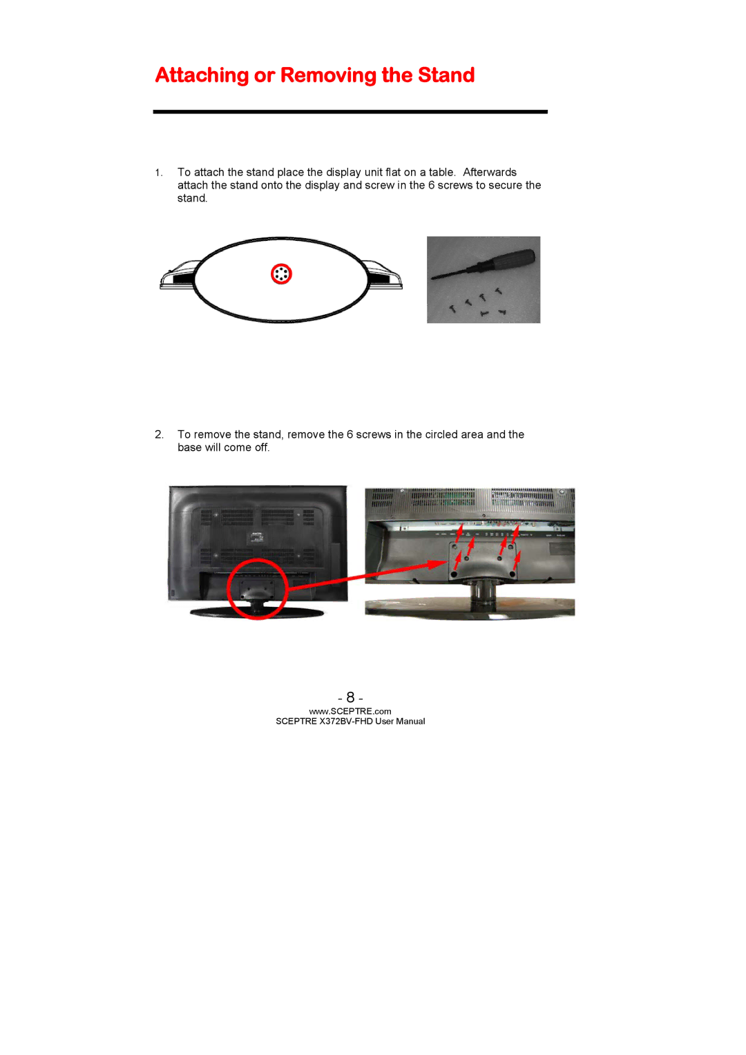 Sceptre Technologies X372BV-FHD user manual Attaching or Removing the Stand 