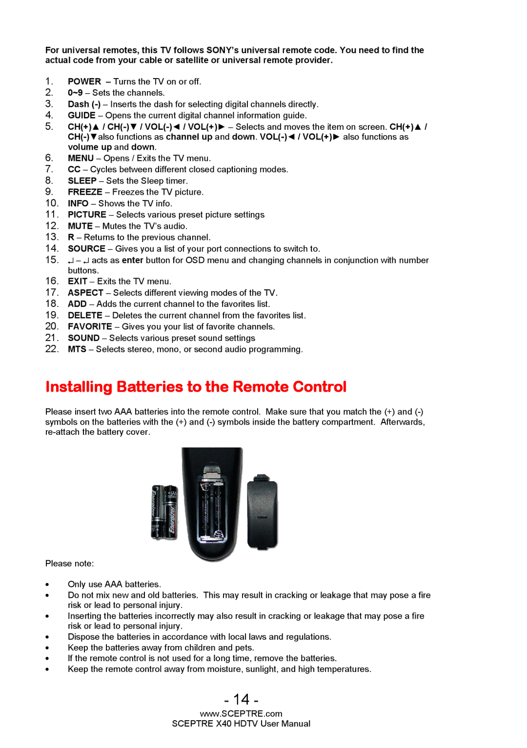 Sceptre Technologies X40 user manual Installing Batteries to the Remote Control 