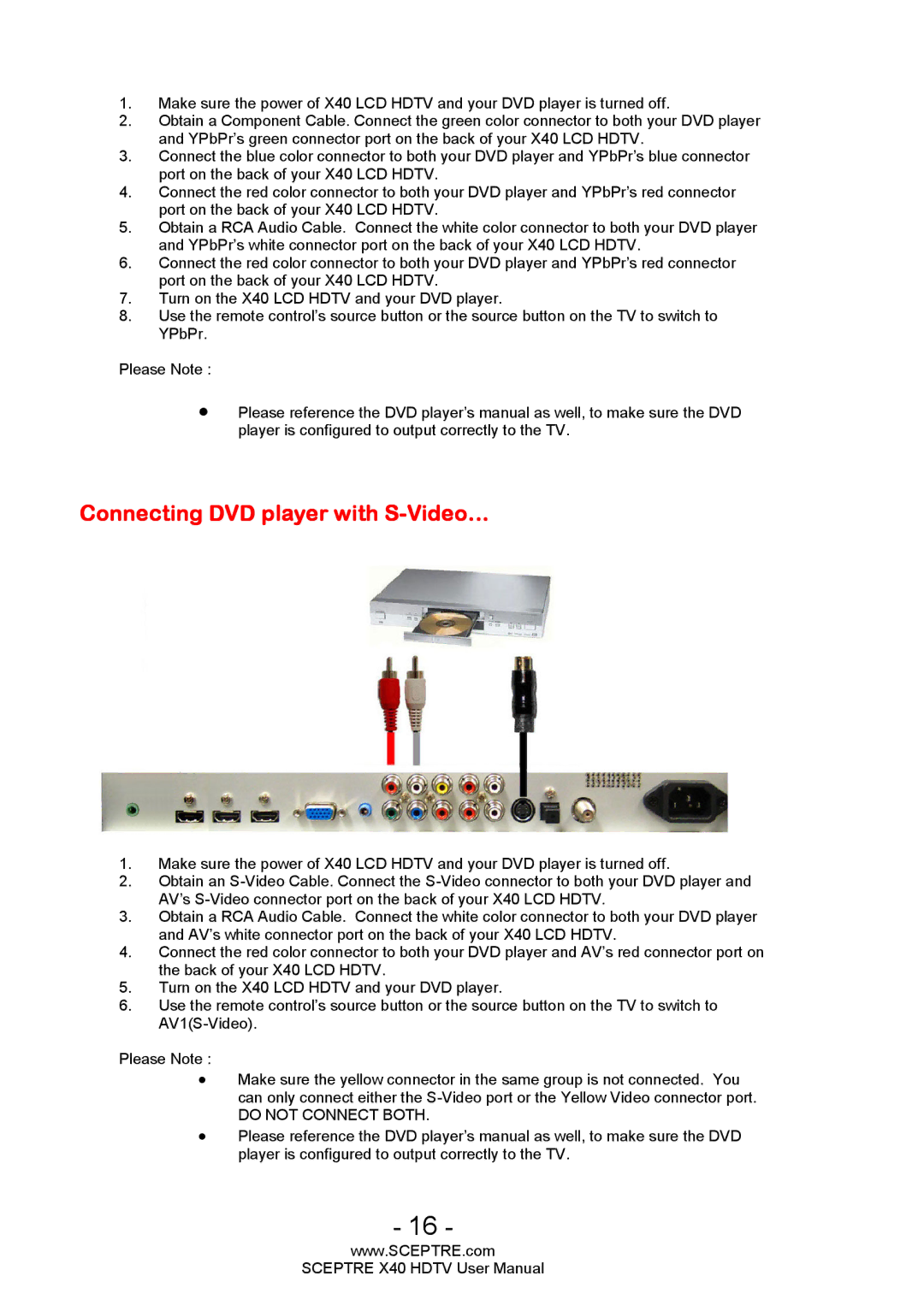 Sceptre Technologies X40 user manual Connecting DVD player with S-Video… 