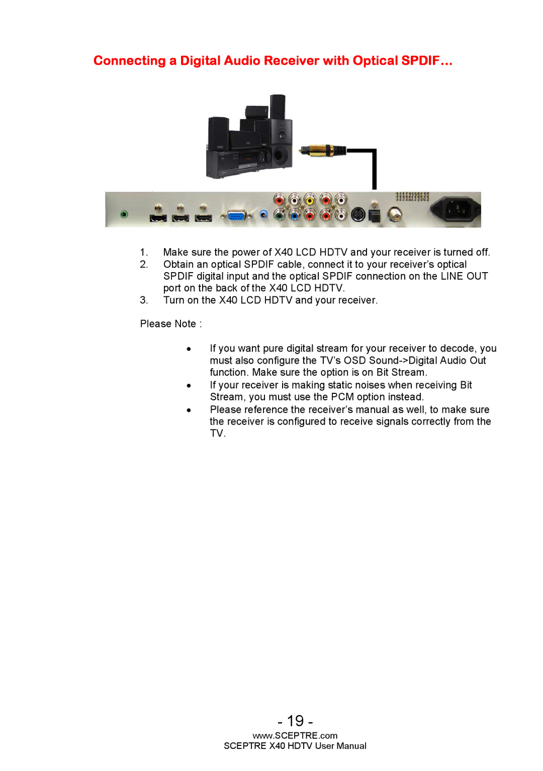 Sceptre Technologies X40 user manual Connecting a Digital Audio Receiver with Optical SPDIF… 