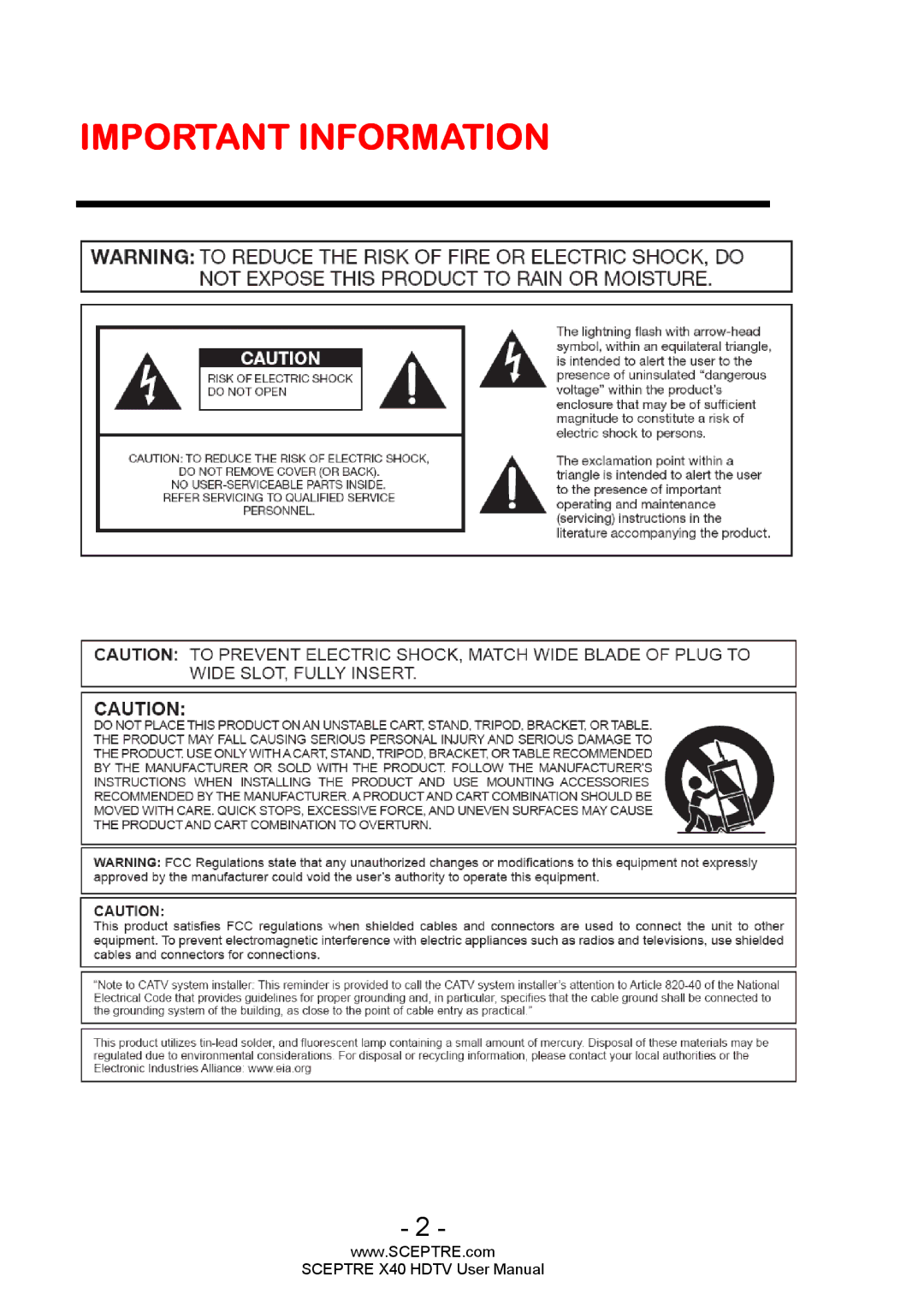 Sceptre Technologies X40 user manual Important Information 