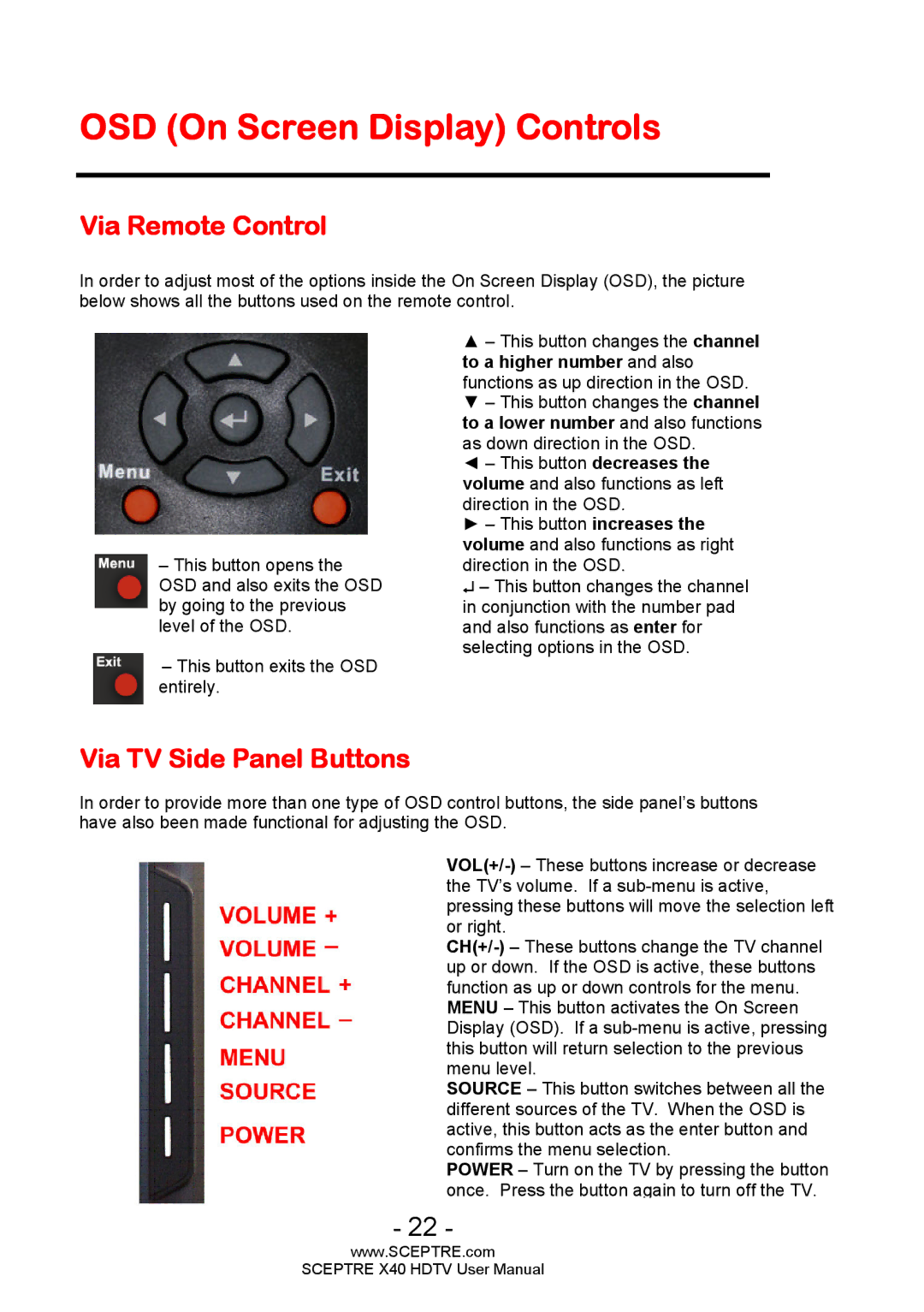 Sceptre Technologies X40 user manual OSD On Screen Display Controls, Via Remote Control, Via TV Side Panel Buttons 