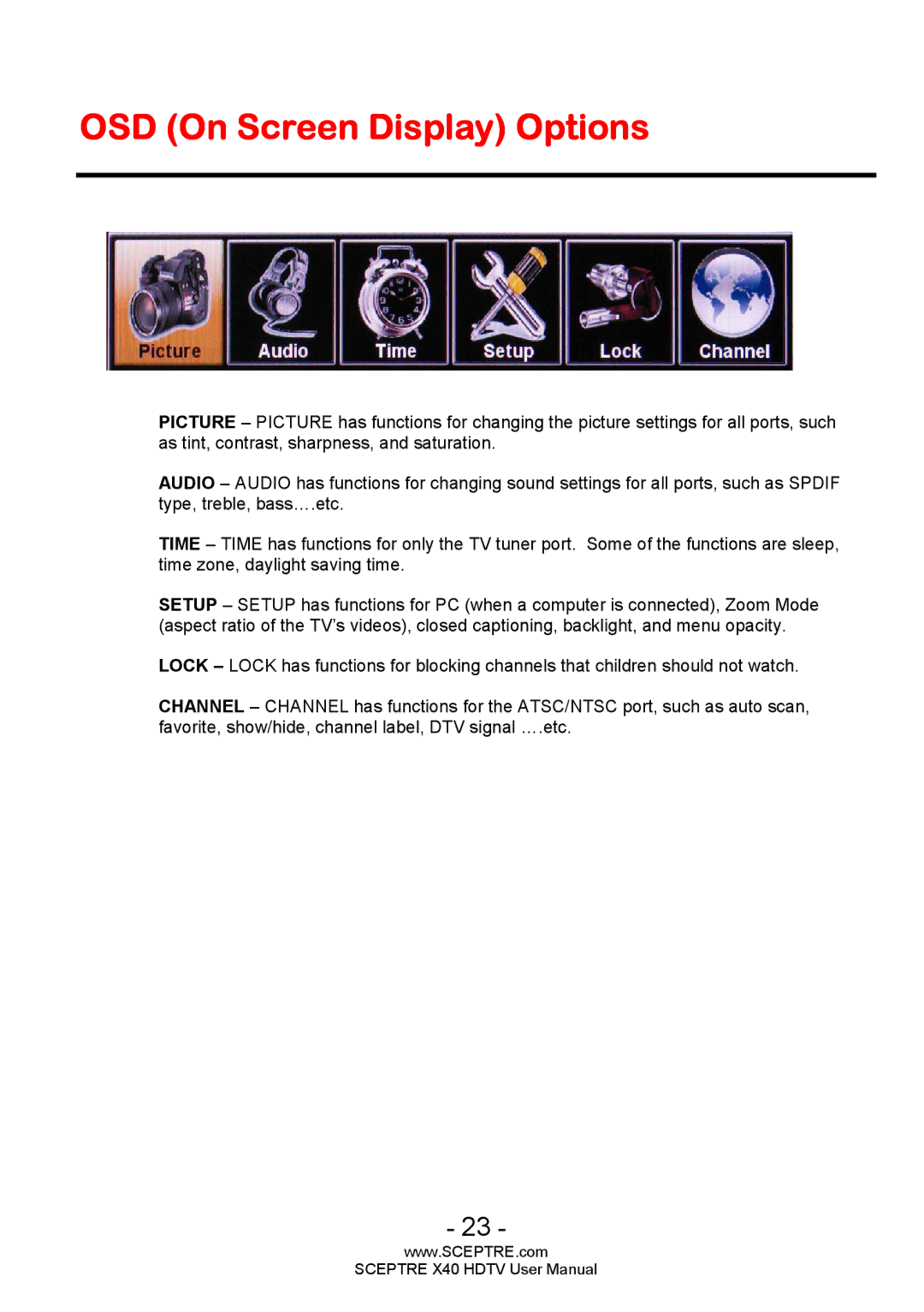 Sceptre Technologies X40 user manual OSD On Screen Display Options 