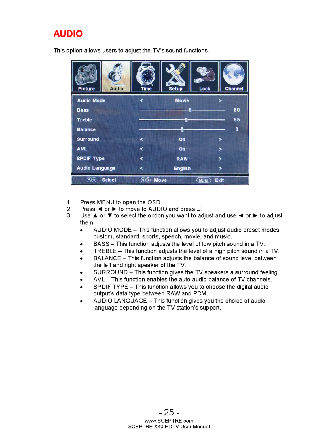 Sceptre Technologies X40 user manual Audio 