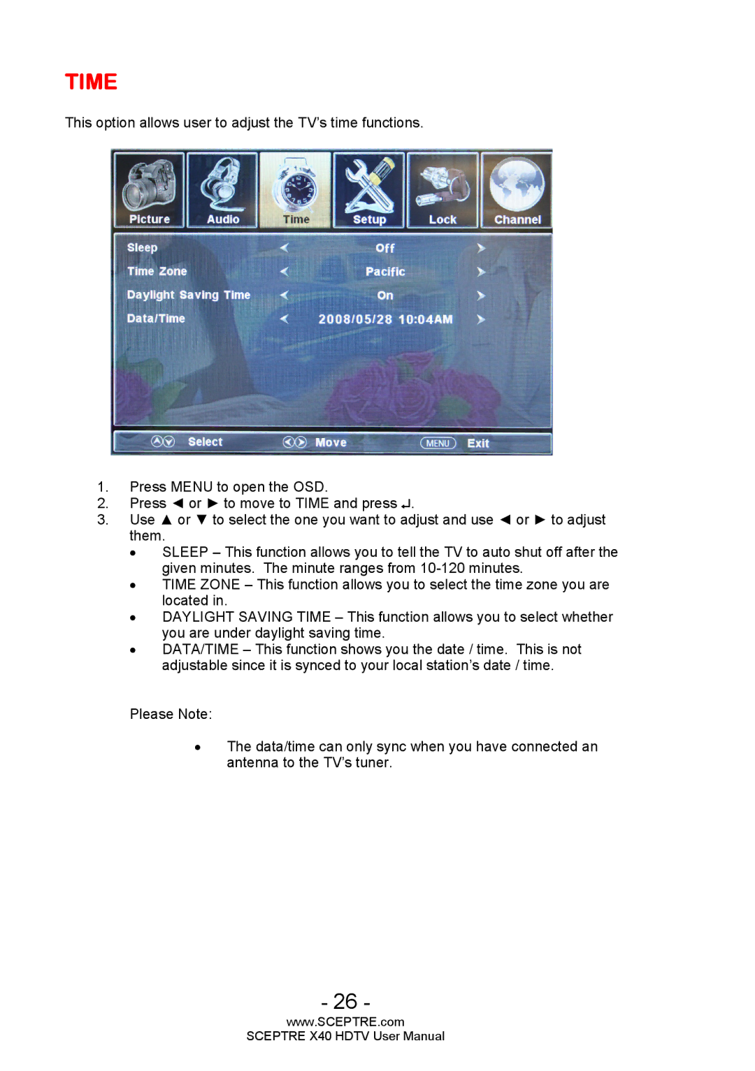 Sceptre Technologies X40 user manual Time 