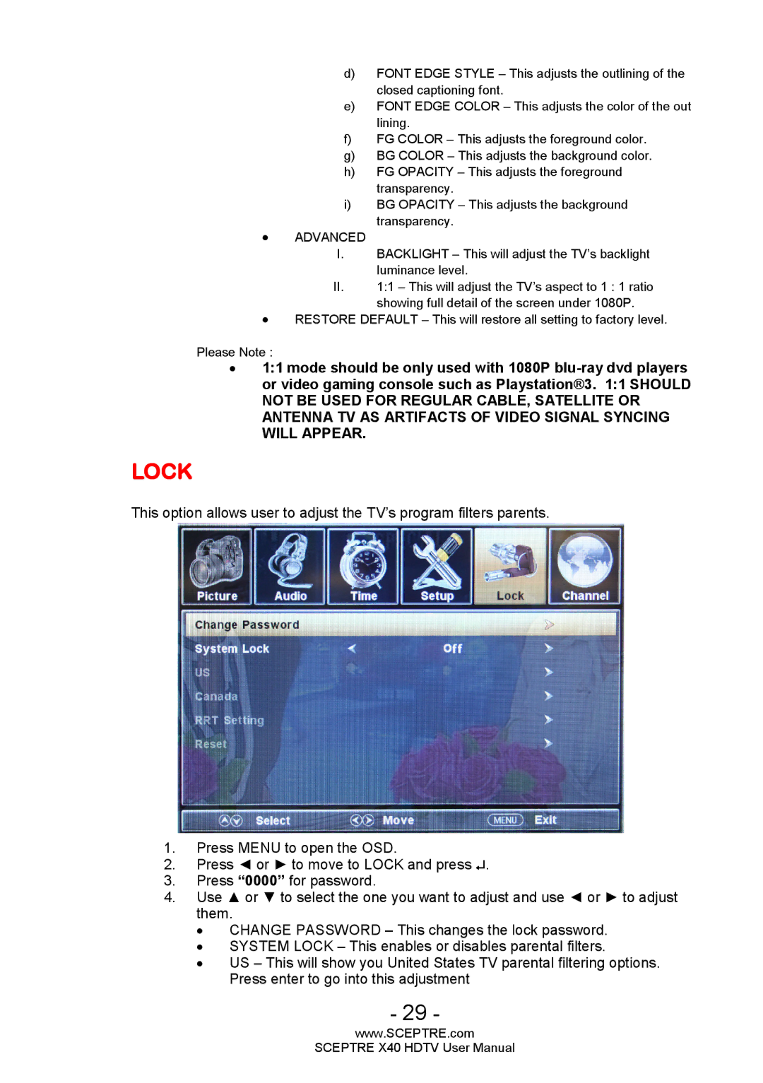 Sceptre Technologies X40 user manual Lock, Advanced 