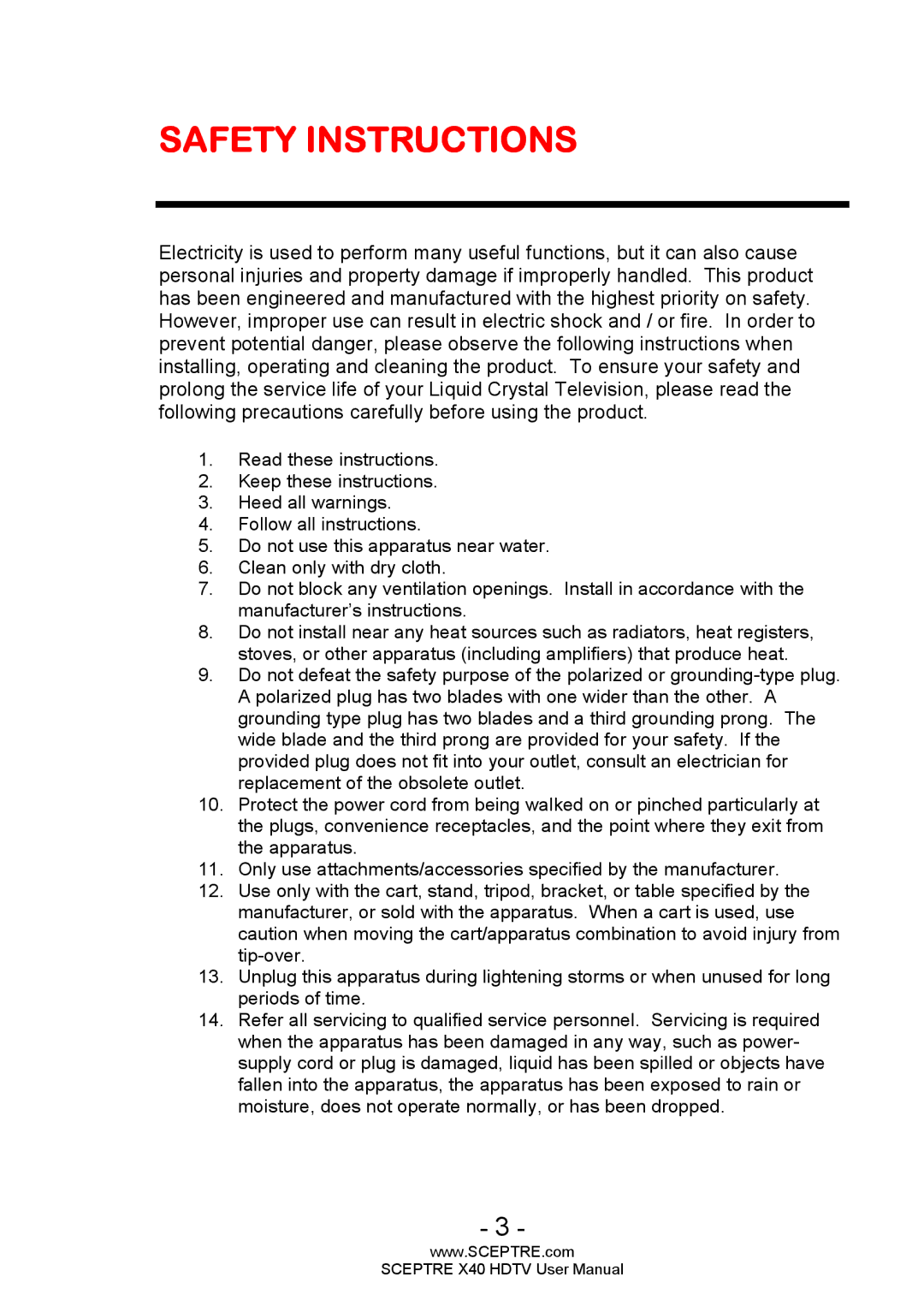 Sceptre Technologies X40 user manual Safety Instructions 