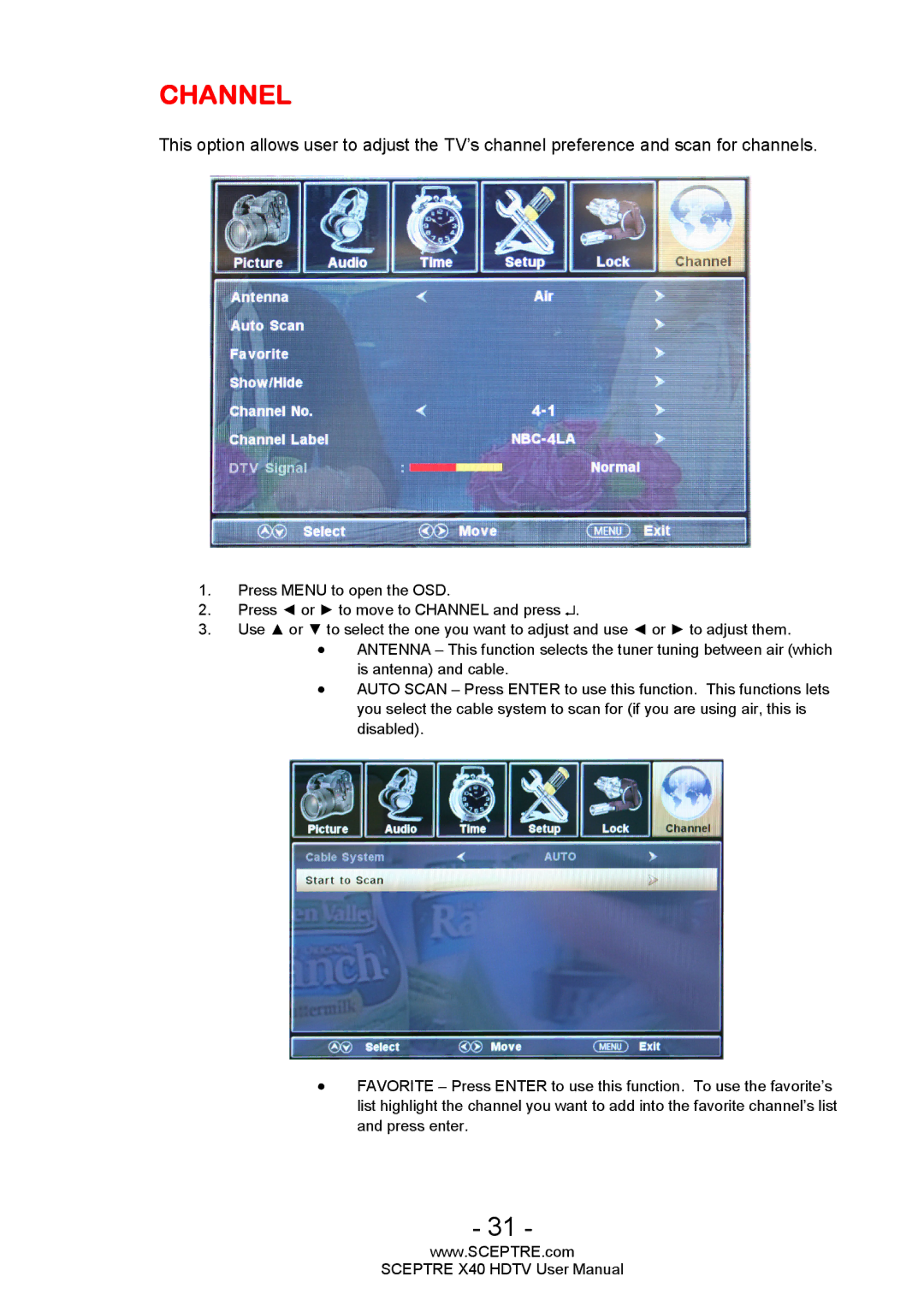 Sceptre Technologies X40 user manual Channel 