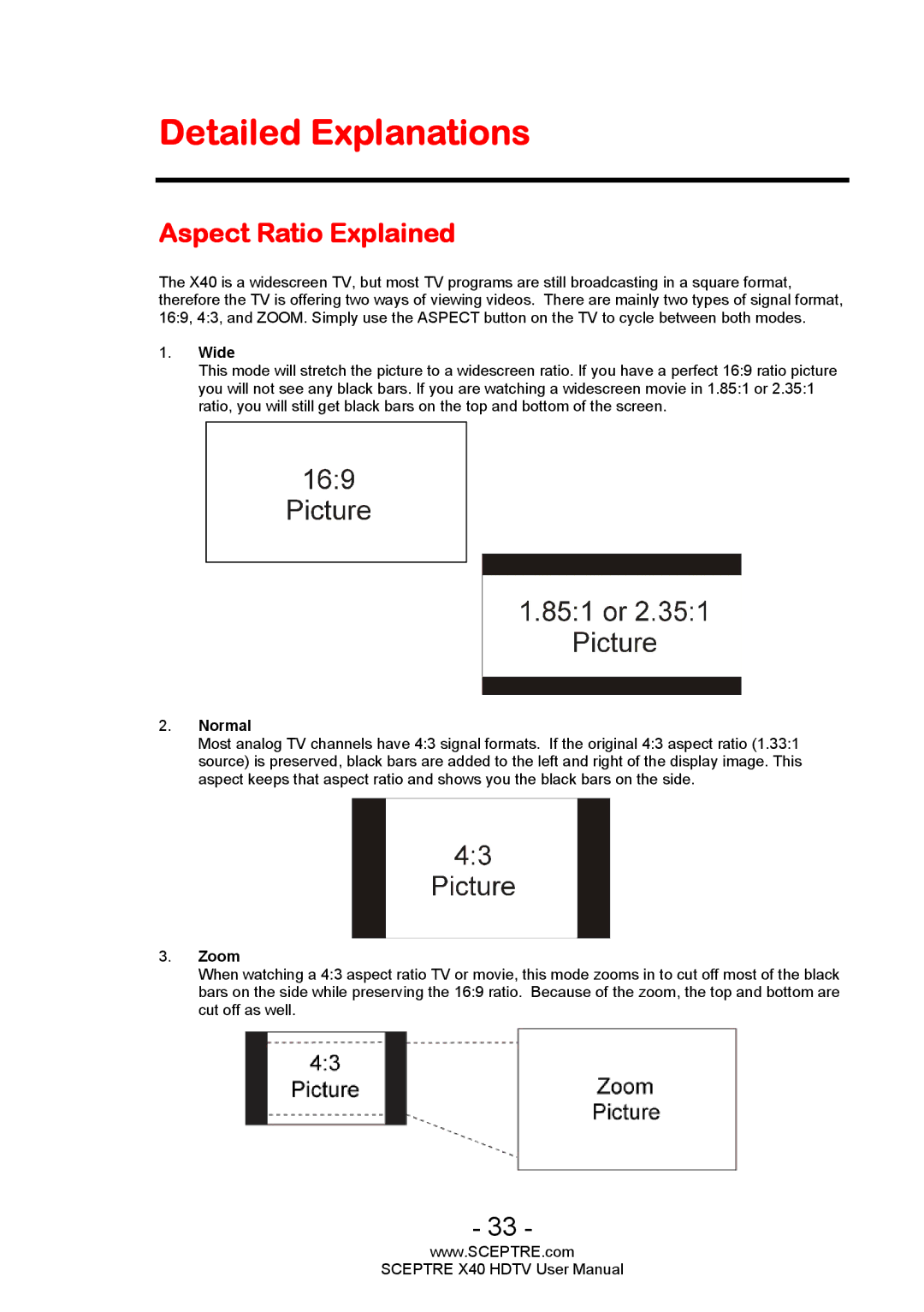 Sceptre Technologies X40 user manual Detailed Explanations, Aspect Ratio Explained 