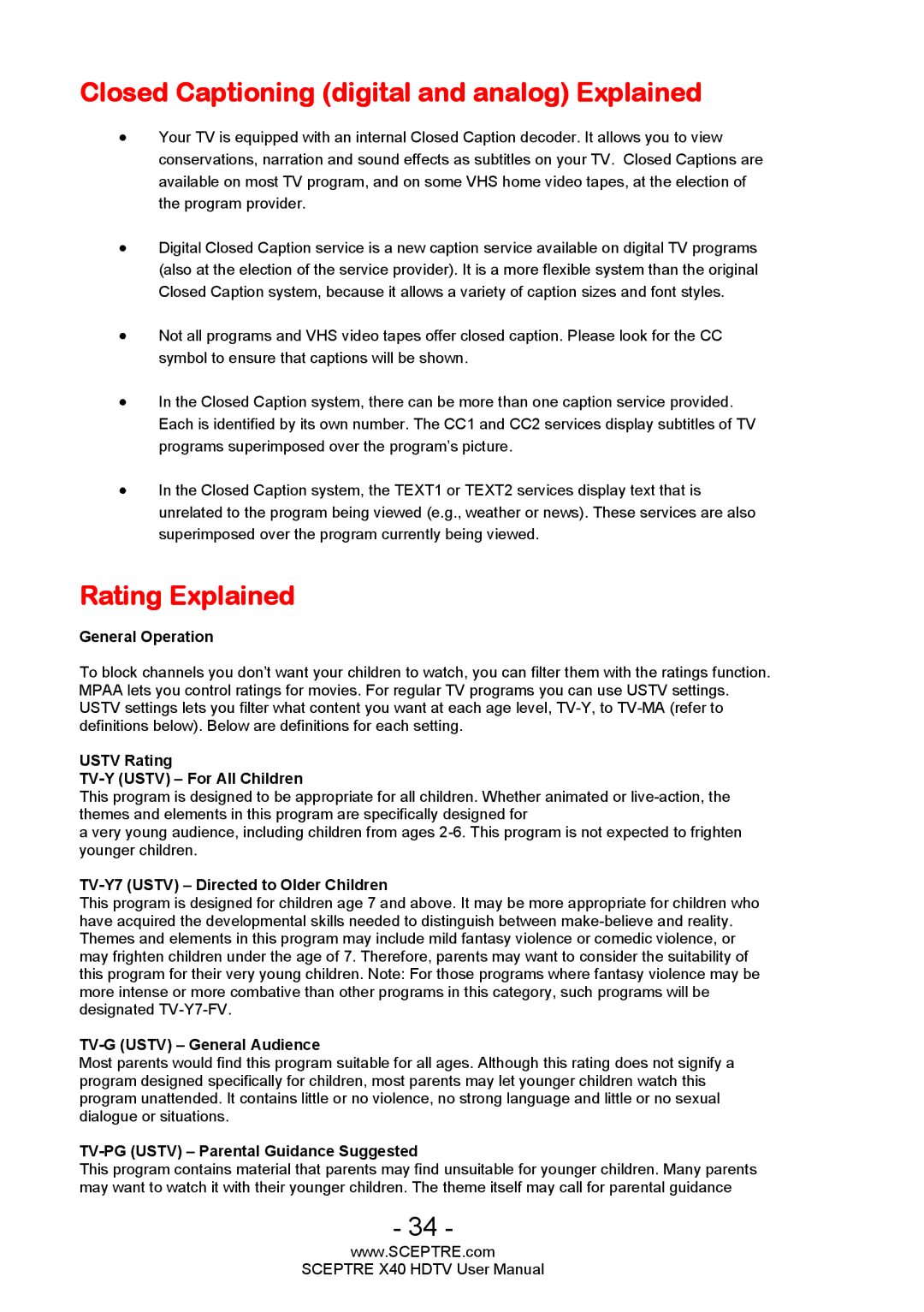 Sceptre Technologies X40 user manual Closed Captioning digital and analog Explained, Rating Explained 