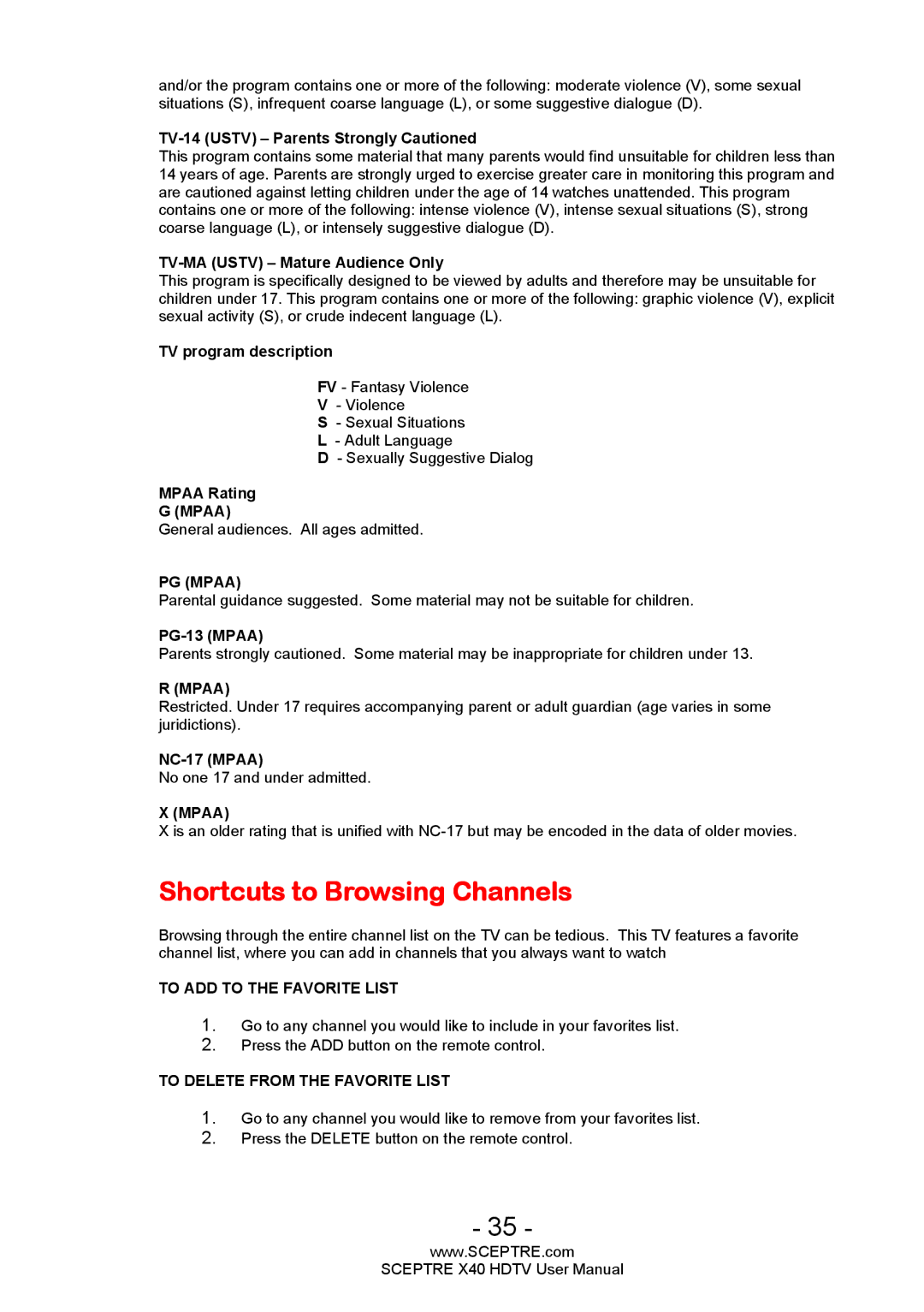 Sceptre Technologies X40 user manual Shortcuts to Browsing Channels, PG Mpaa 