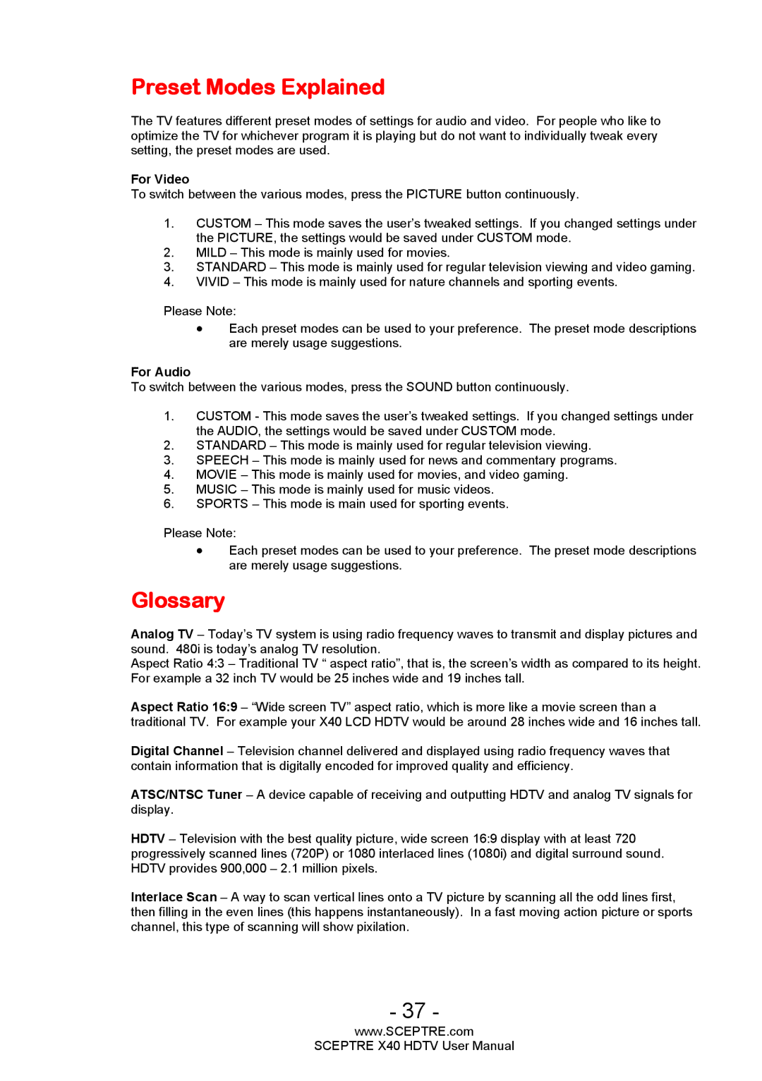 Sceptre Technologies X40 user manual Preset Modes Explained, Glossary 