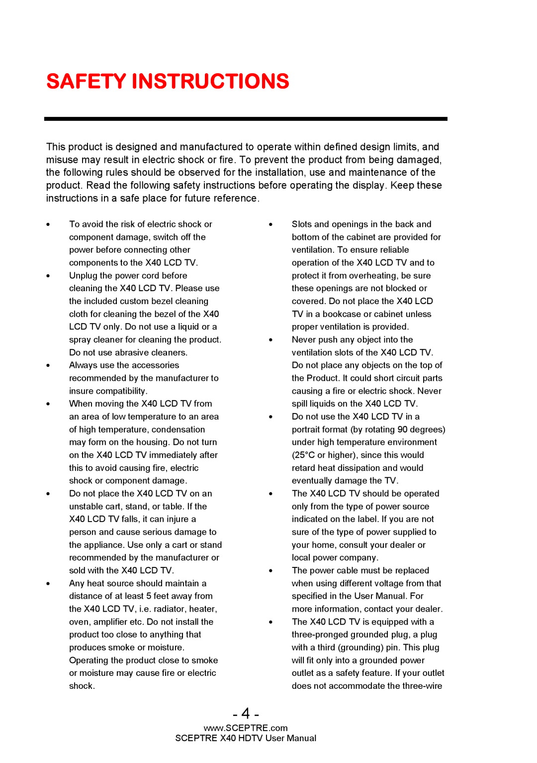 Sceptre Technologies X40 user manual Safety Instructions 